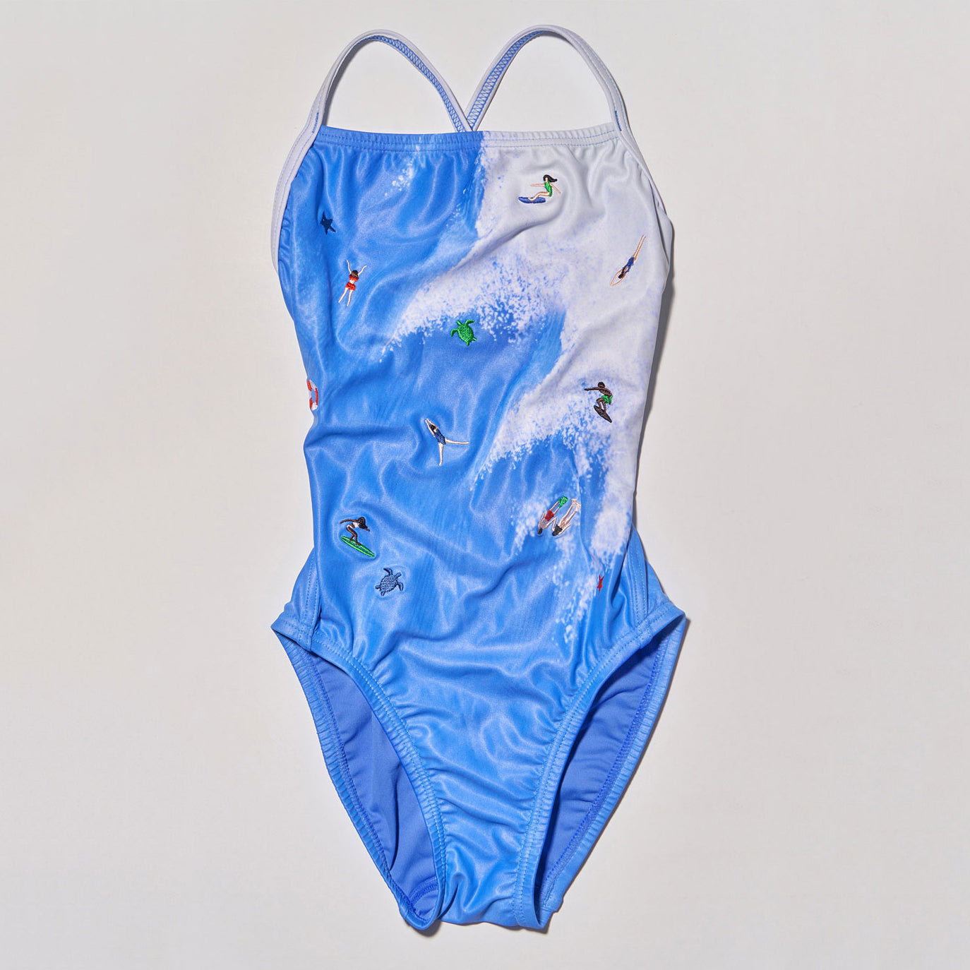 Girls Blue Embroidered Professional Swimsuit