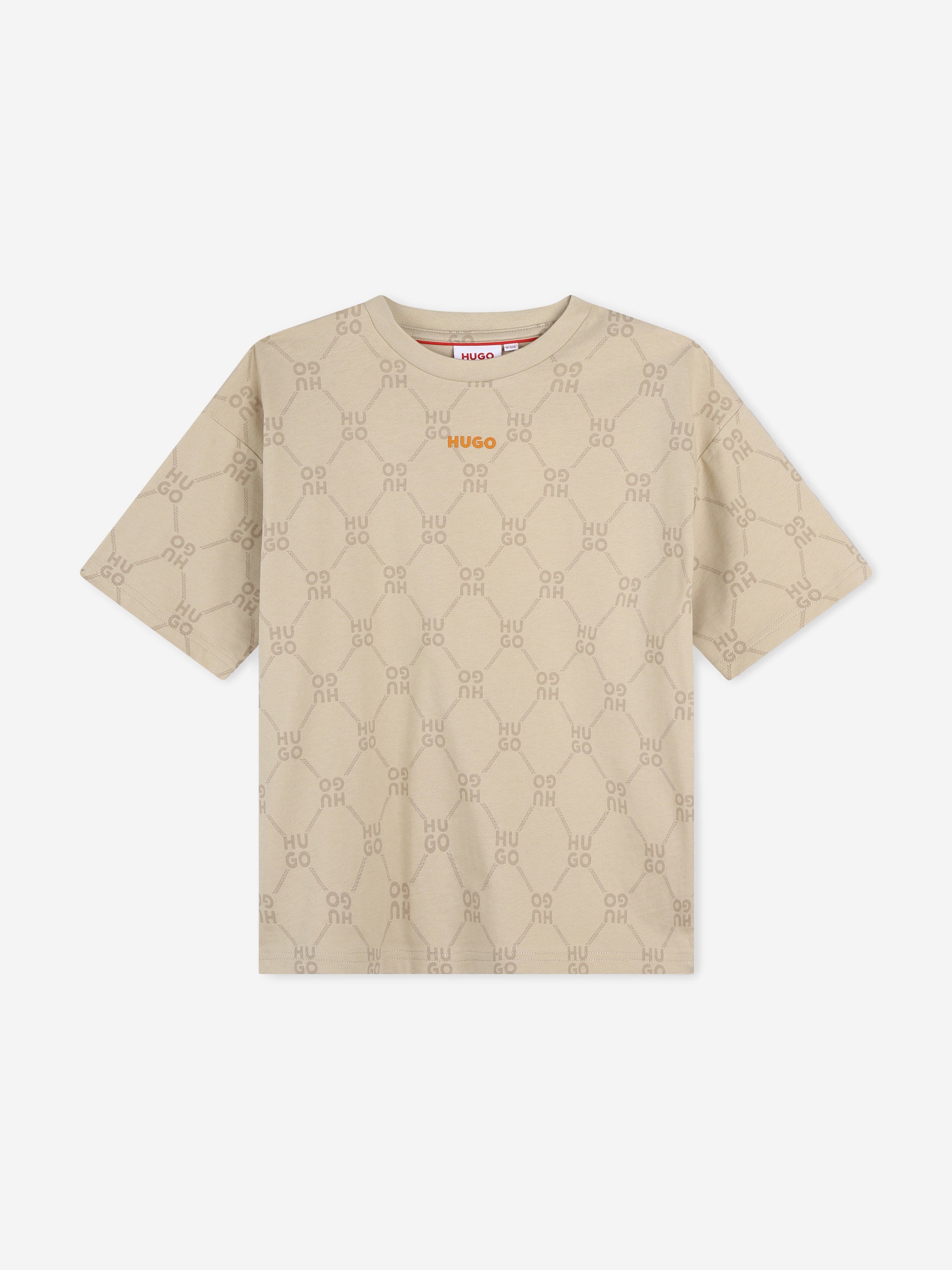 Hugo Boys Monogram Logo T-Shirt in Beige