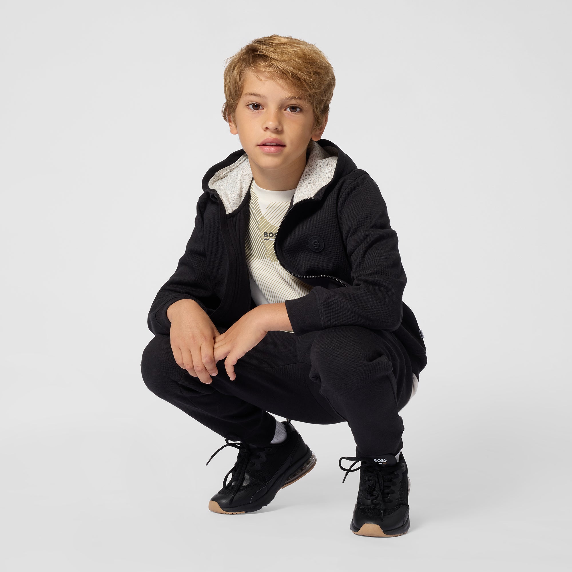 Boys Black Cotton Zip-Up Top
