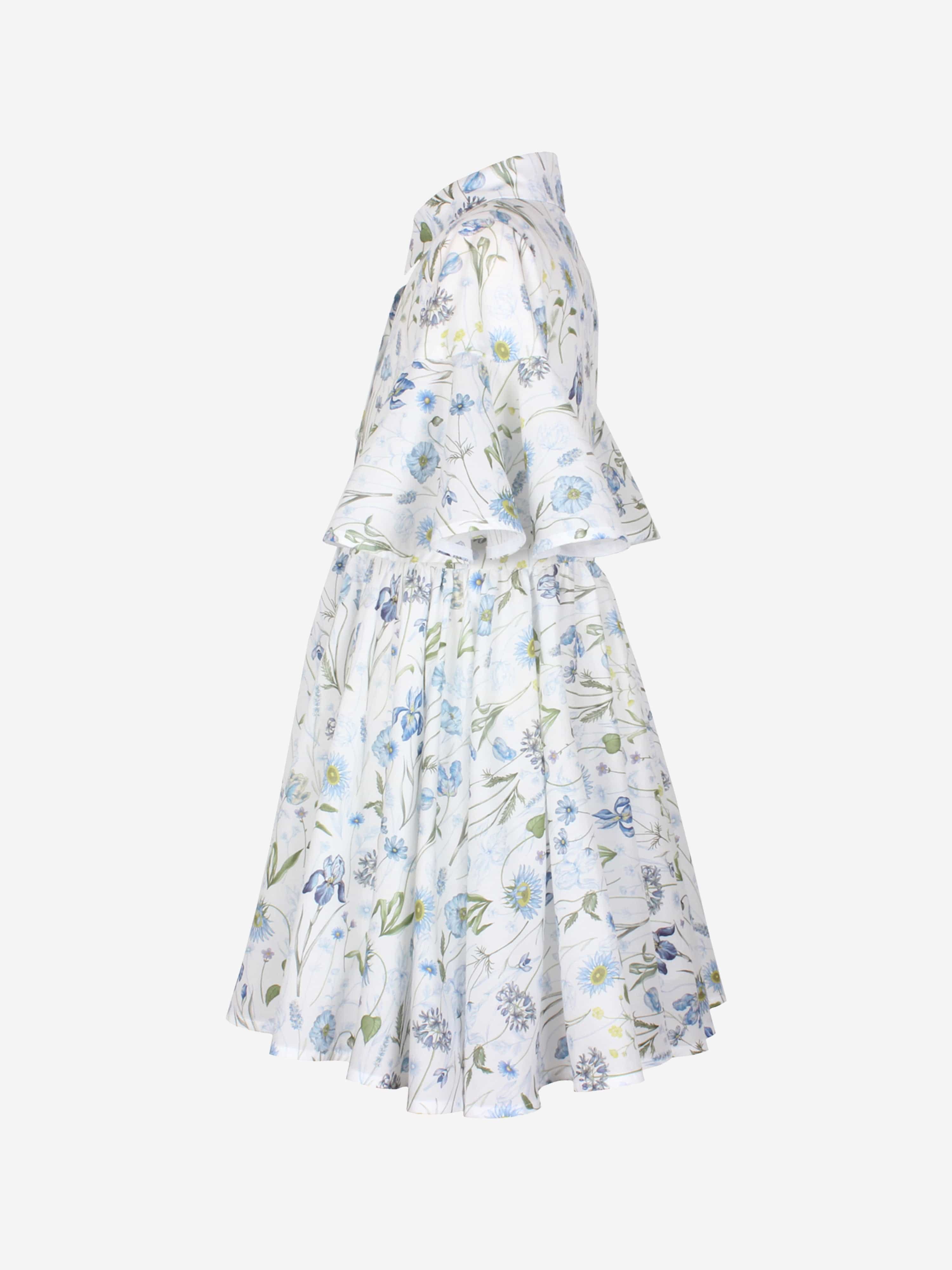 Jessie And James Girls Little Sister Blue Medaow Print Dress in White