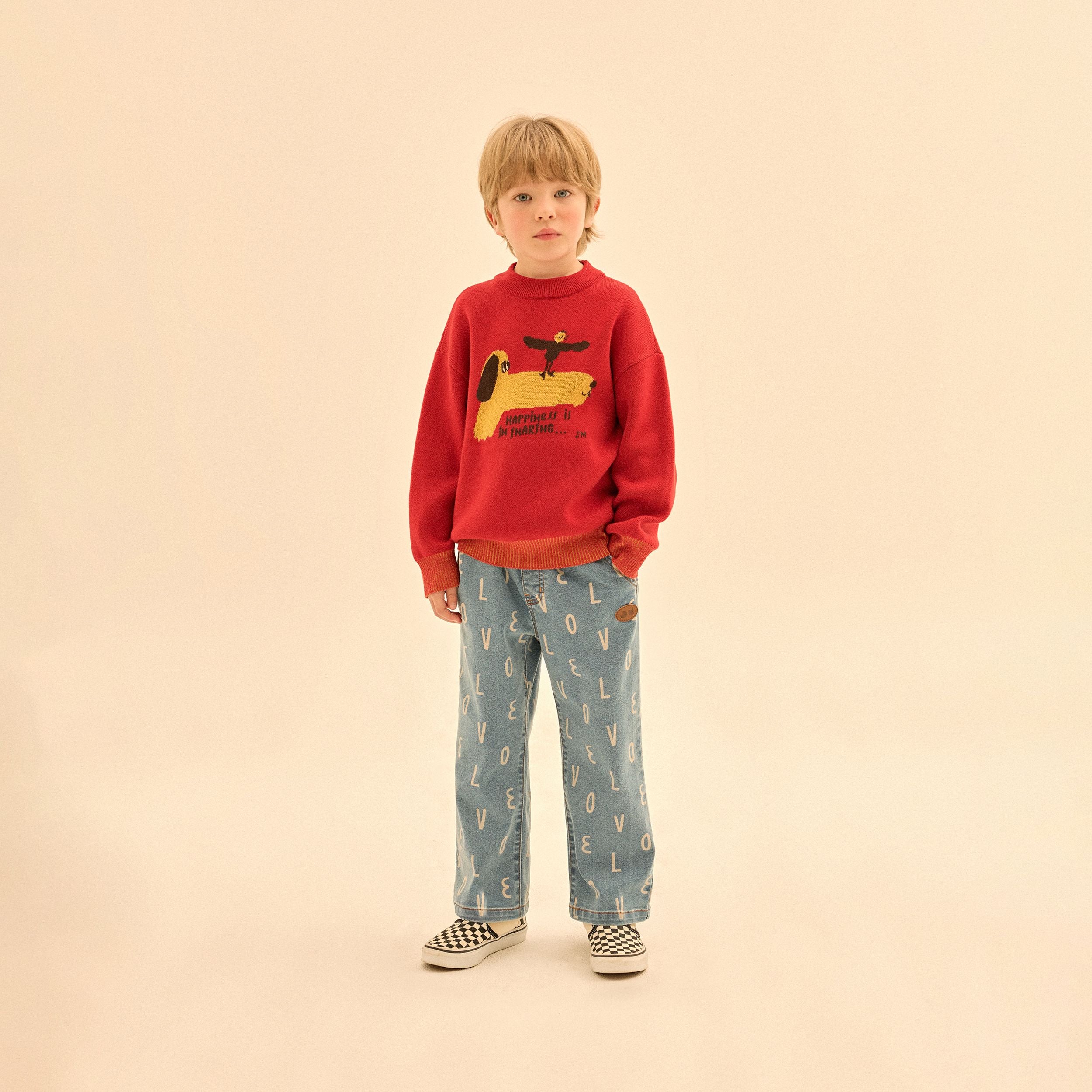 Boys & Girls Red Jacquard Cotton Knit Sweater