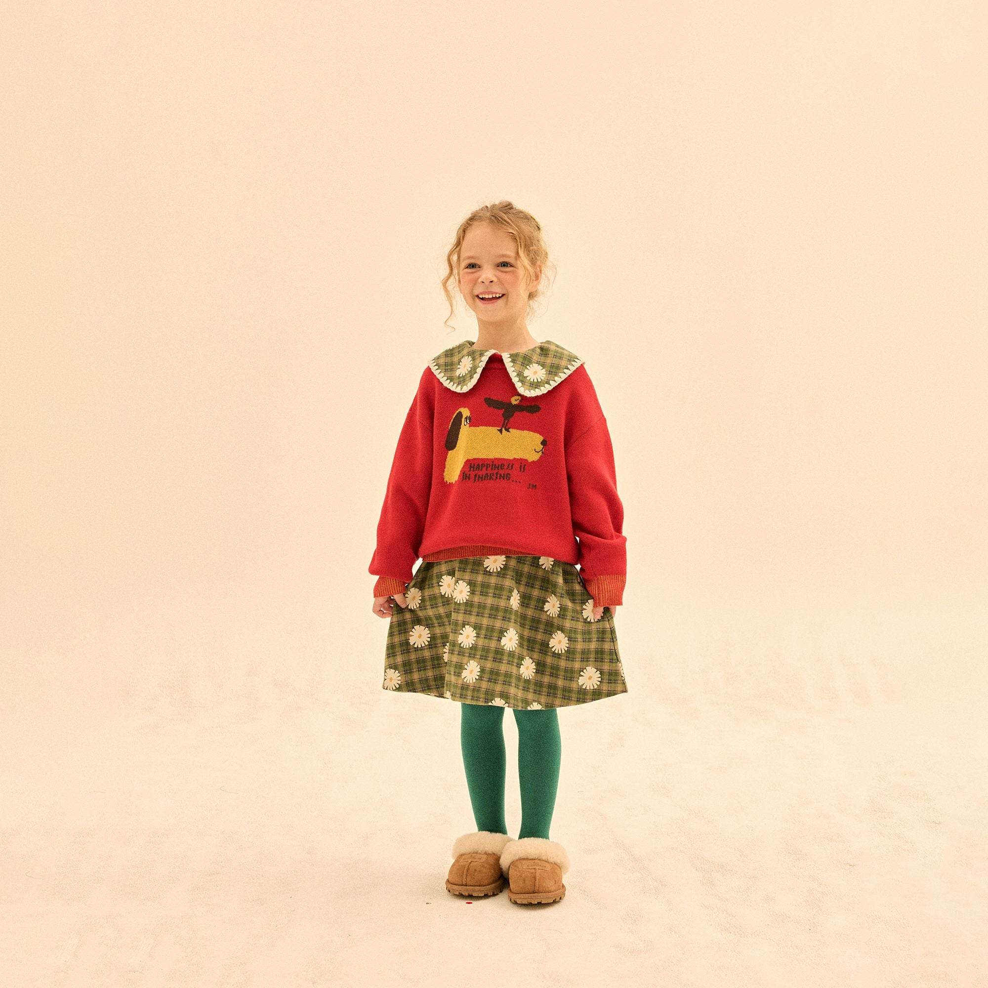 Girls Green Daisy Printed Pleated Skirt