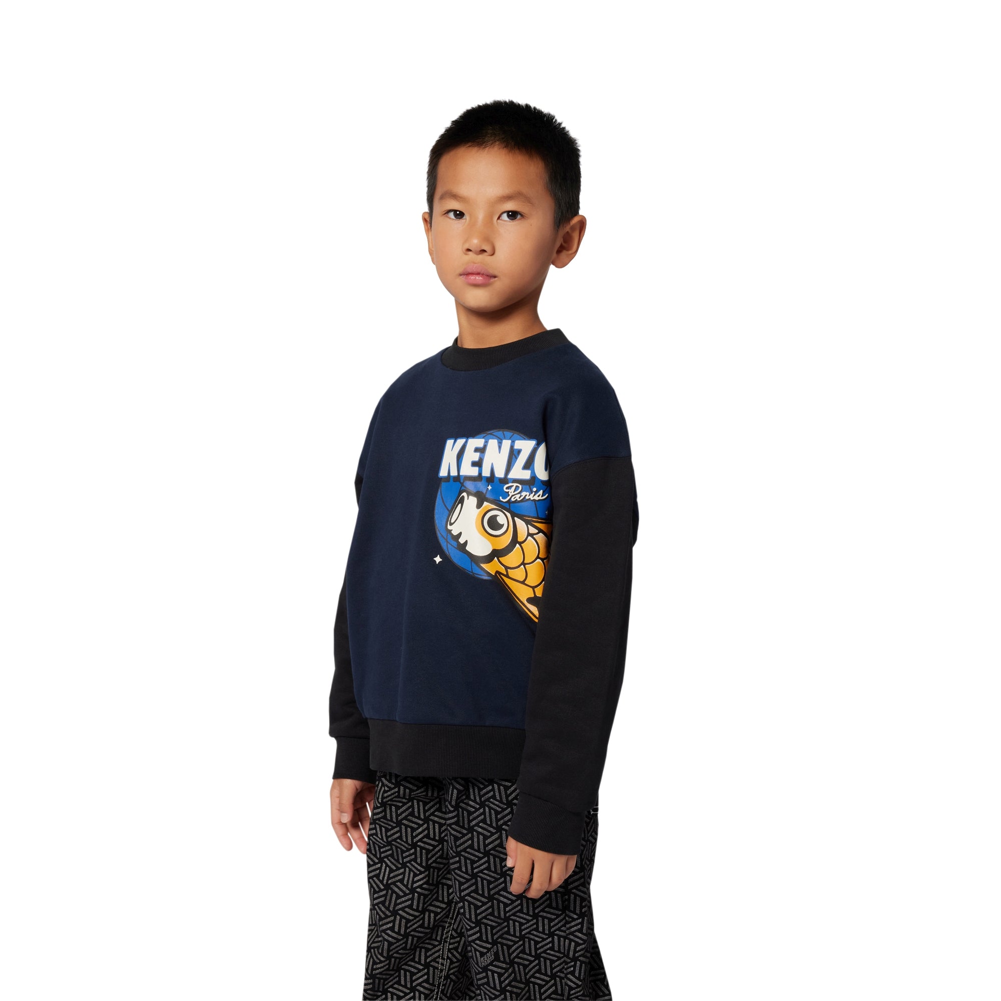 Boys Dark Blue Printed Cotton Sweatshirt