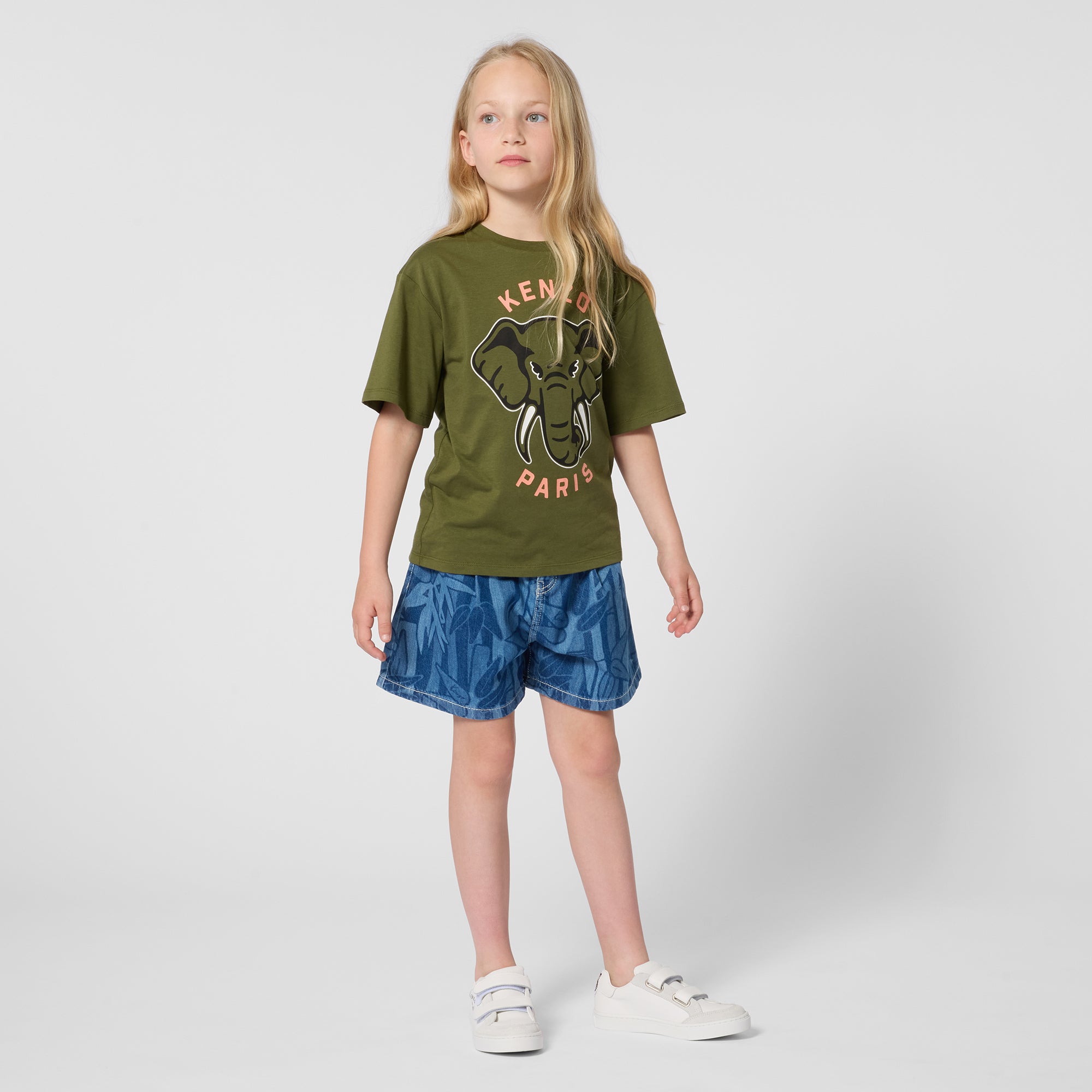 Girls Green Elephant Printed Cotton T-Shirt