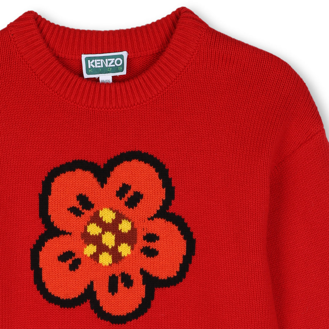 Girls Red Flower Cotton Knit Sweater