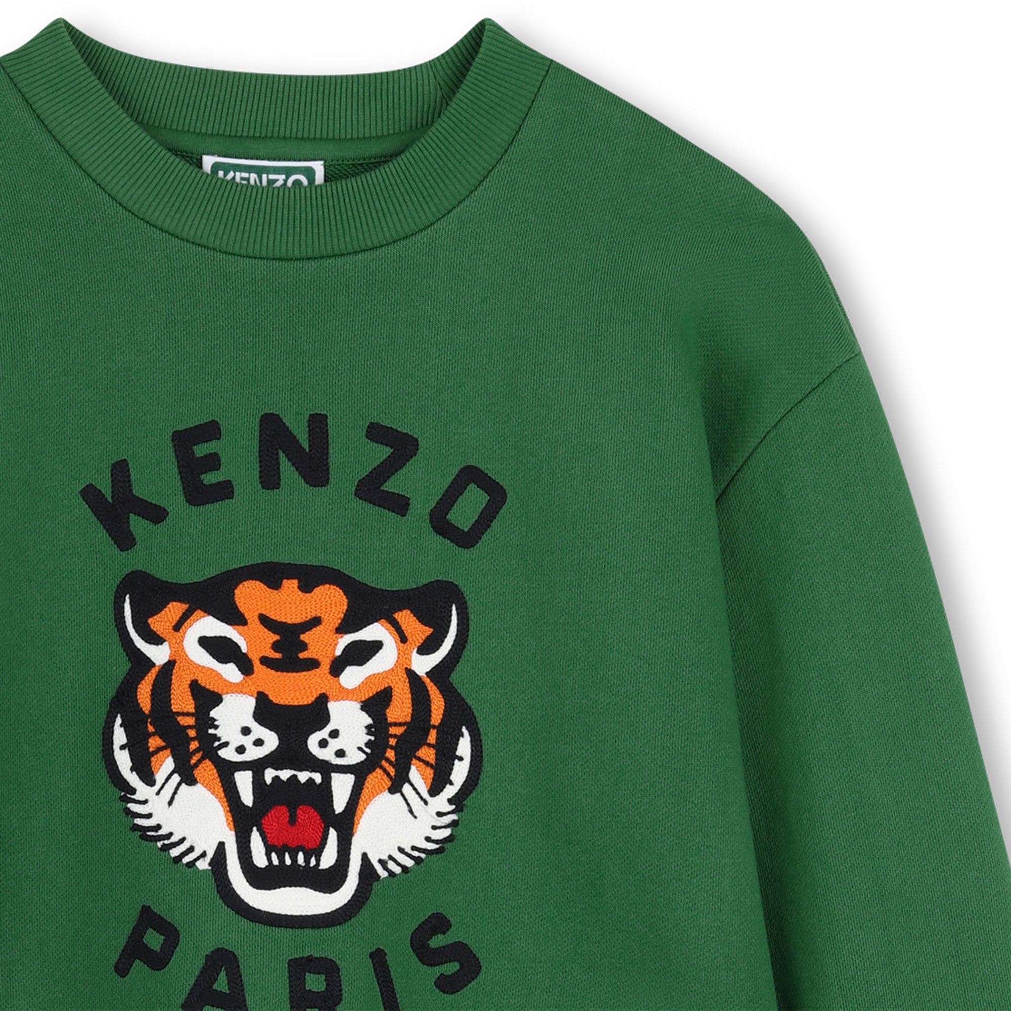 Boys & Girls Green Embroidered Tiger Cotton Sweatshirt