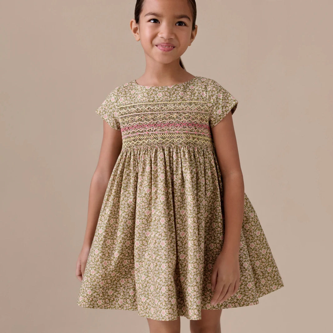 Girls Khaki Green Floral Cotton Dress