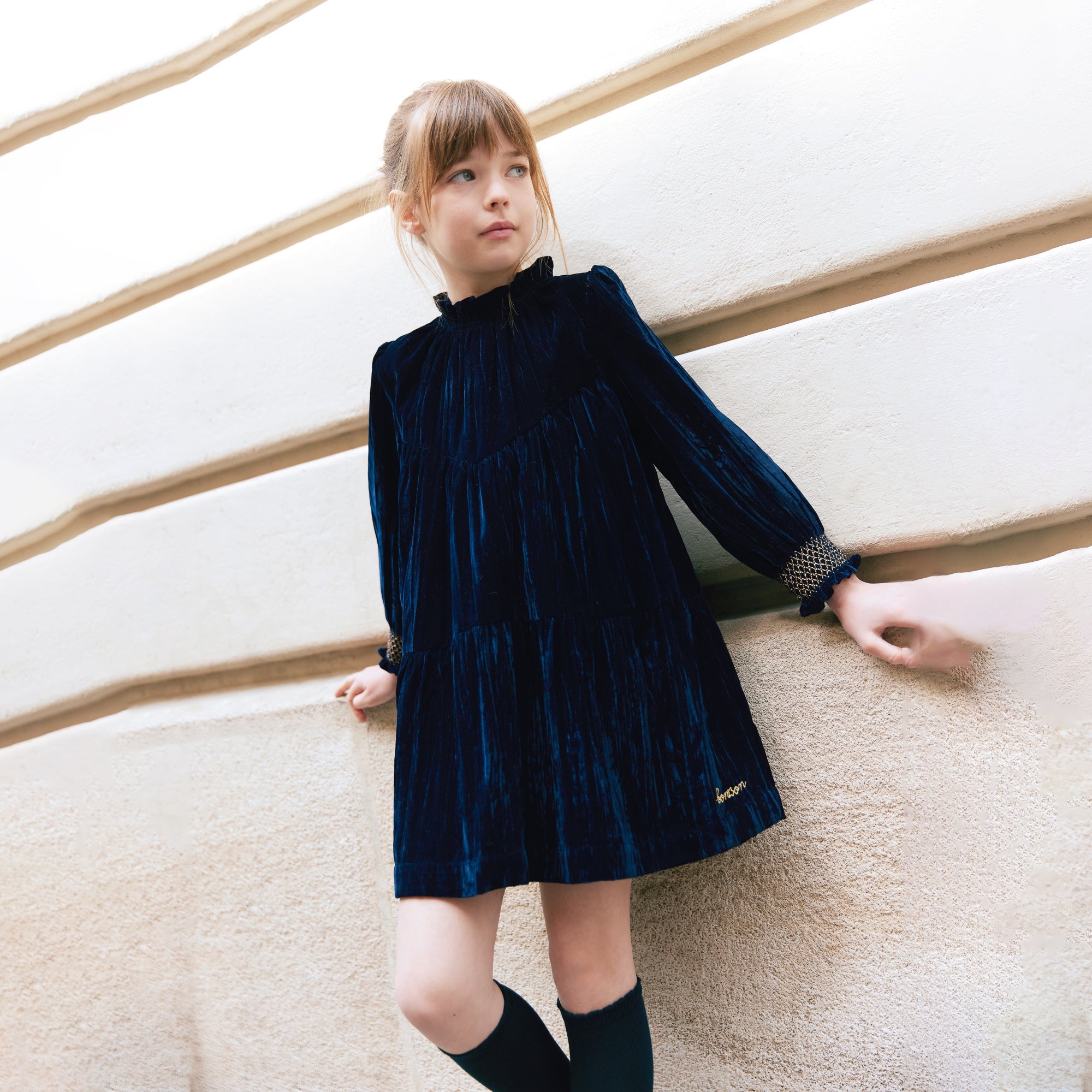 Girls Navy Velvet Dress