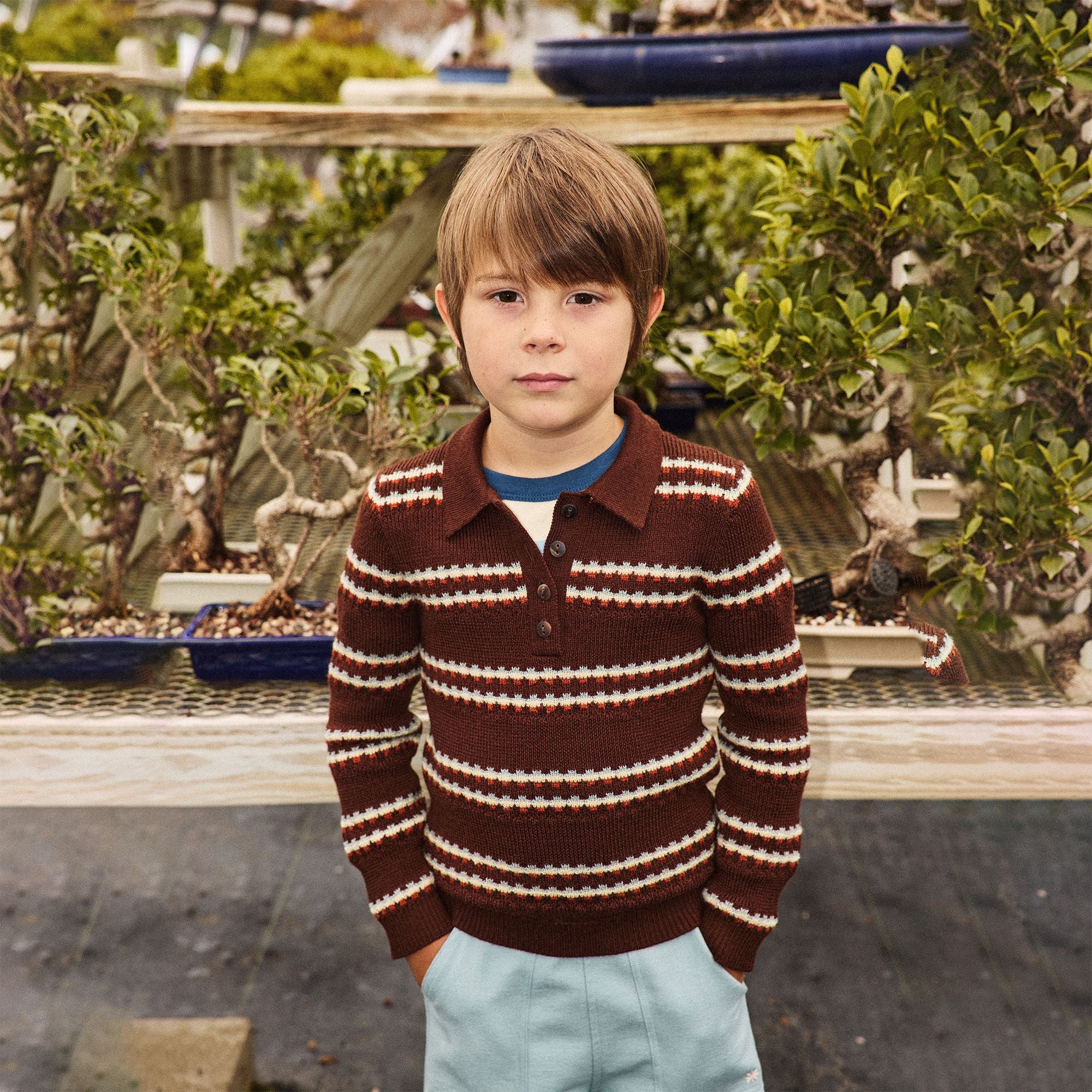 Boys Dark Brown Stripes Wool Polo Shirt