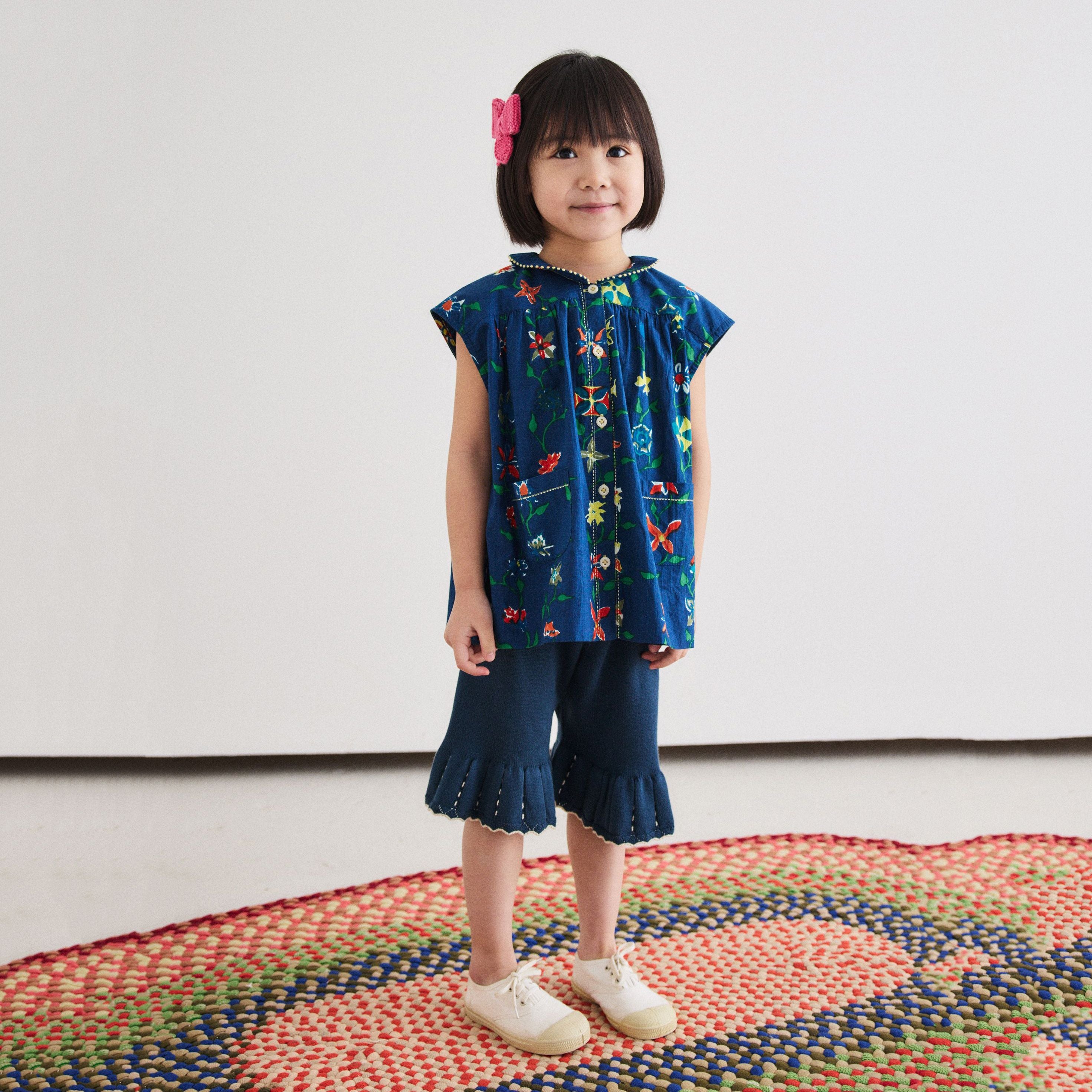 Girls Navy Knit Cotton Cropped Trousers