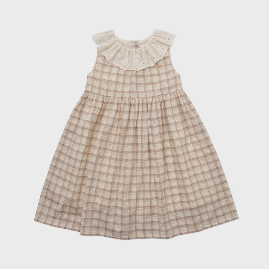 Girls Beige Cotton Plaid Dress