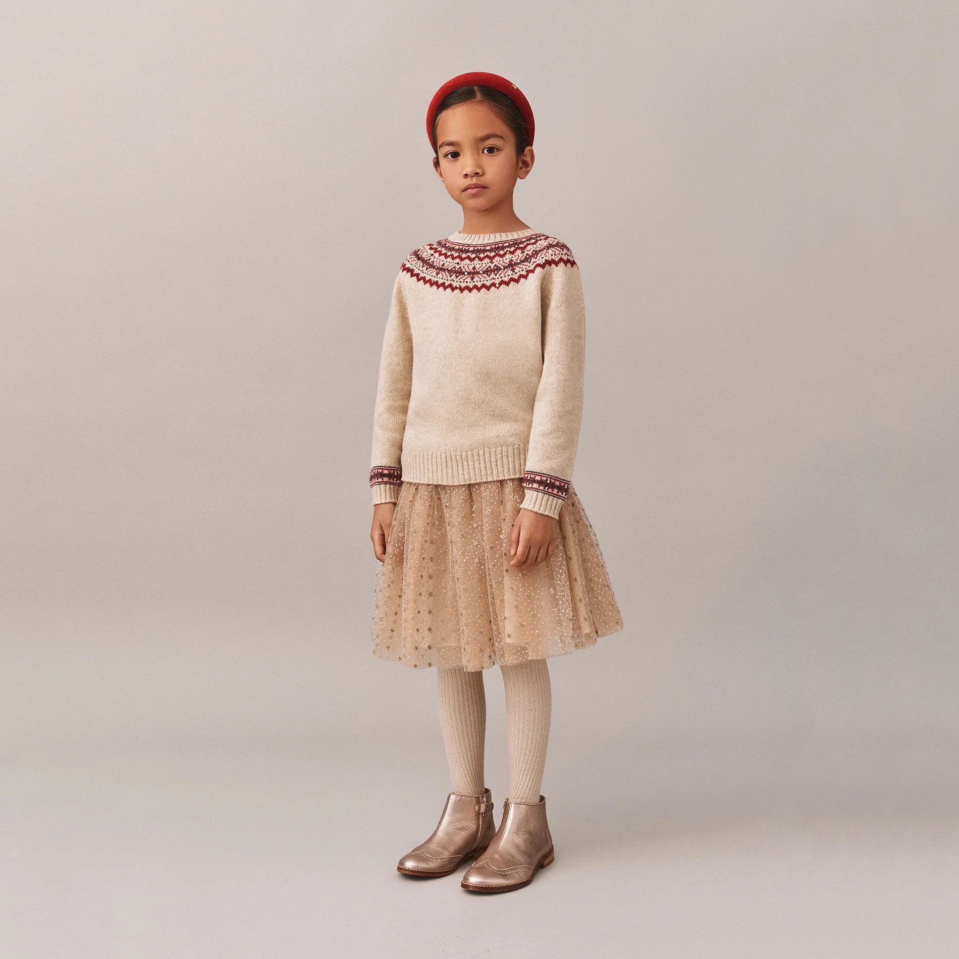 Girls Beige Jacquard Wool Sweater