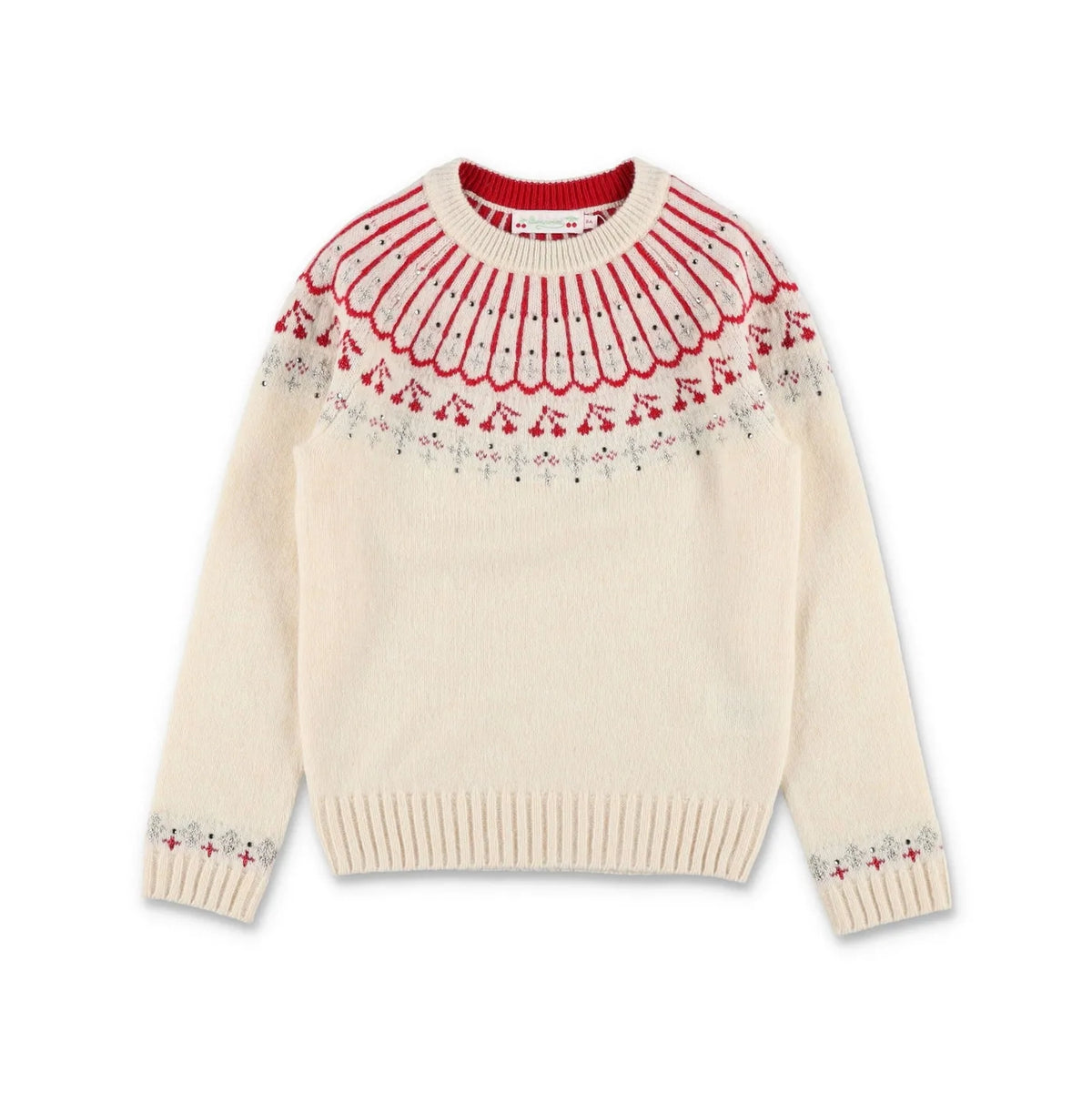 Girls Beige Cherry Jacquard Wool Sweater