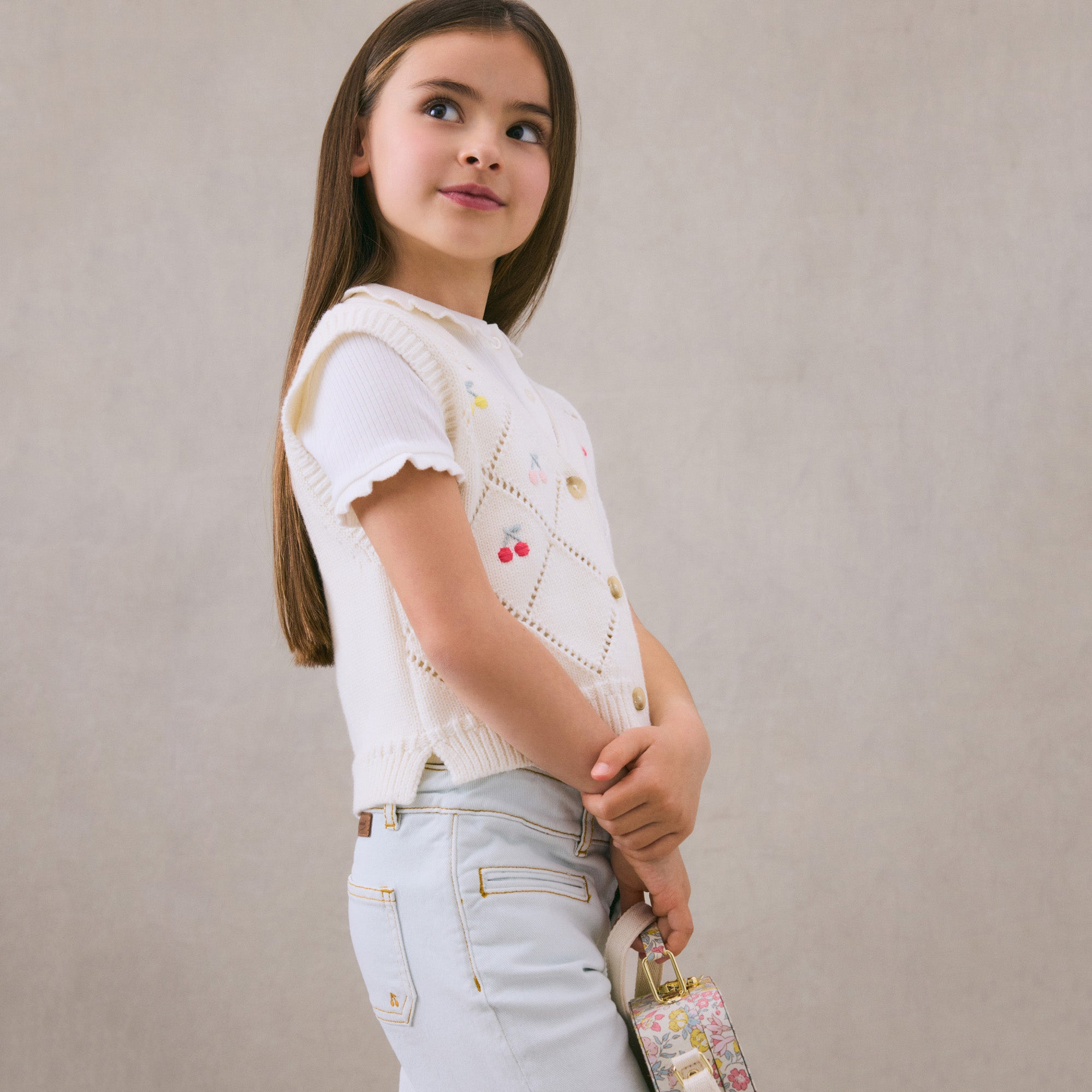 Girls White Embroidered Cotton Gilet