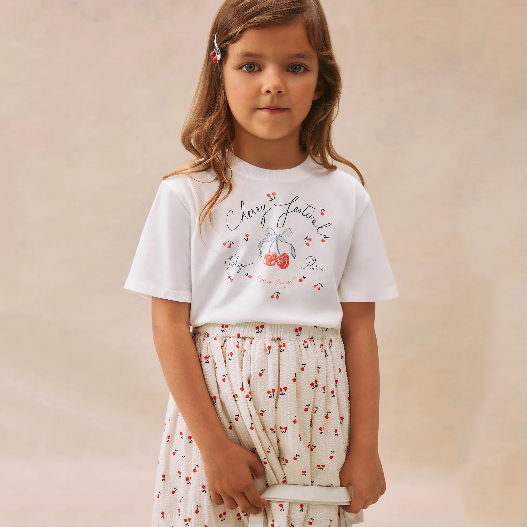 Girls Ivory Printed Cherry Cotton T-Shirt