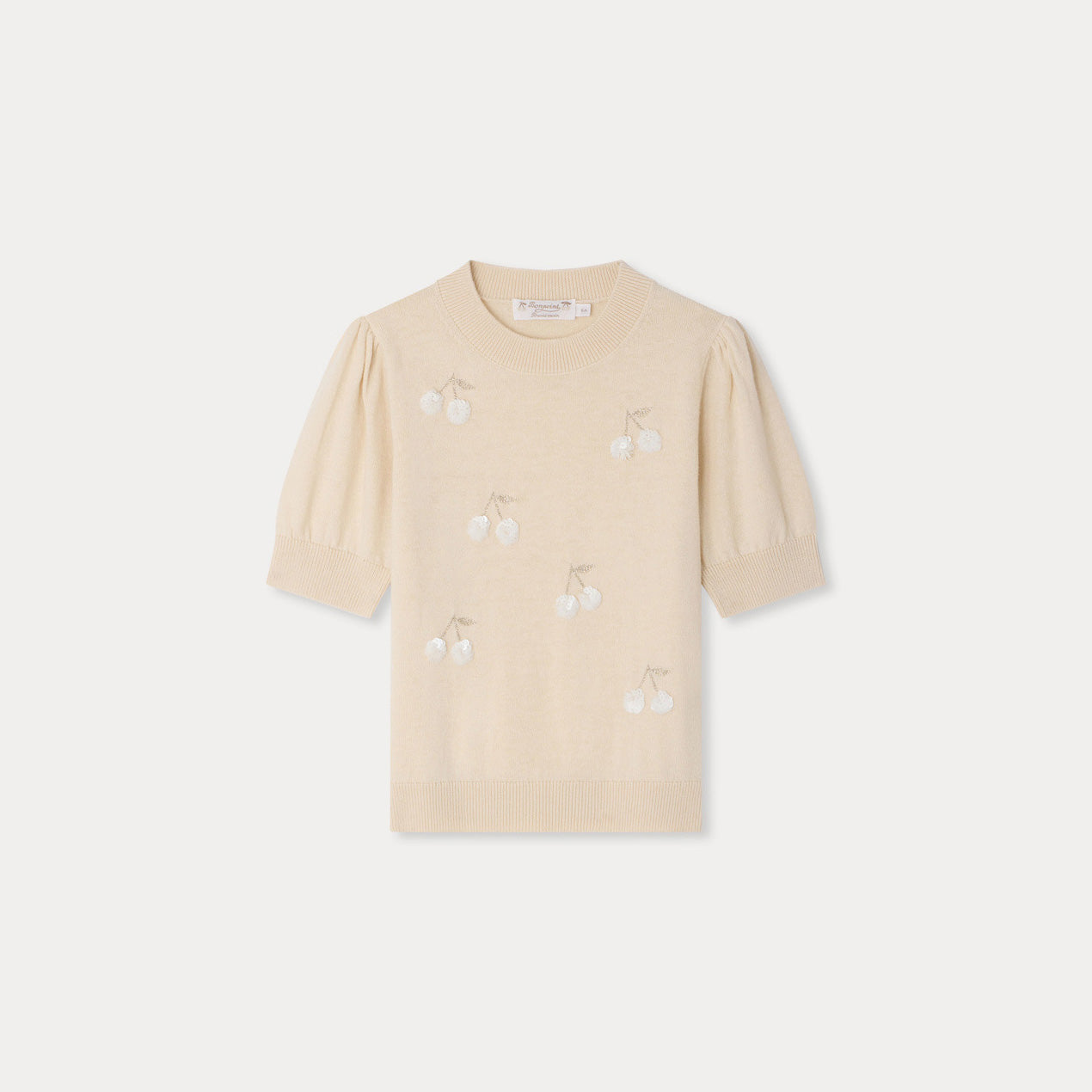 Girls Beige Cherry Embroidered Wool Sweater