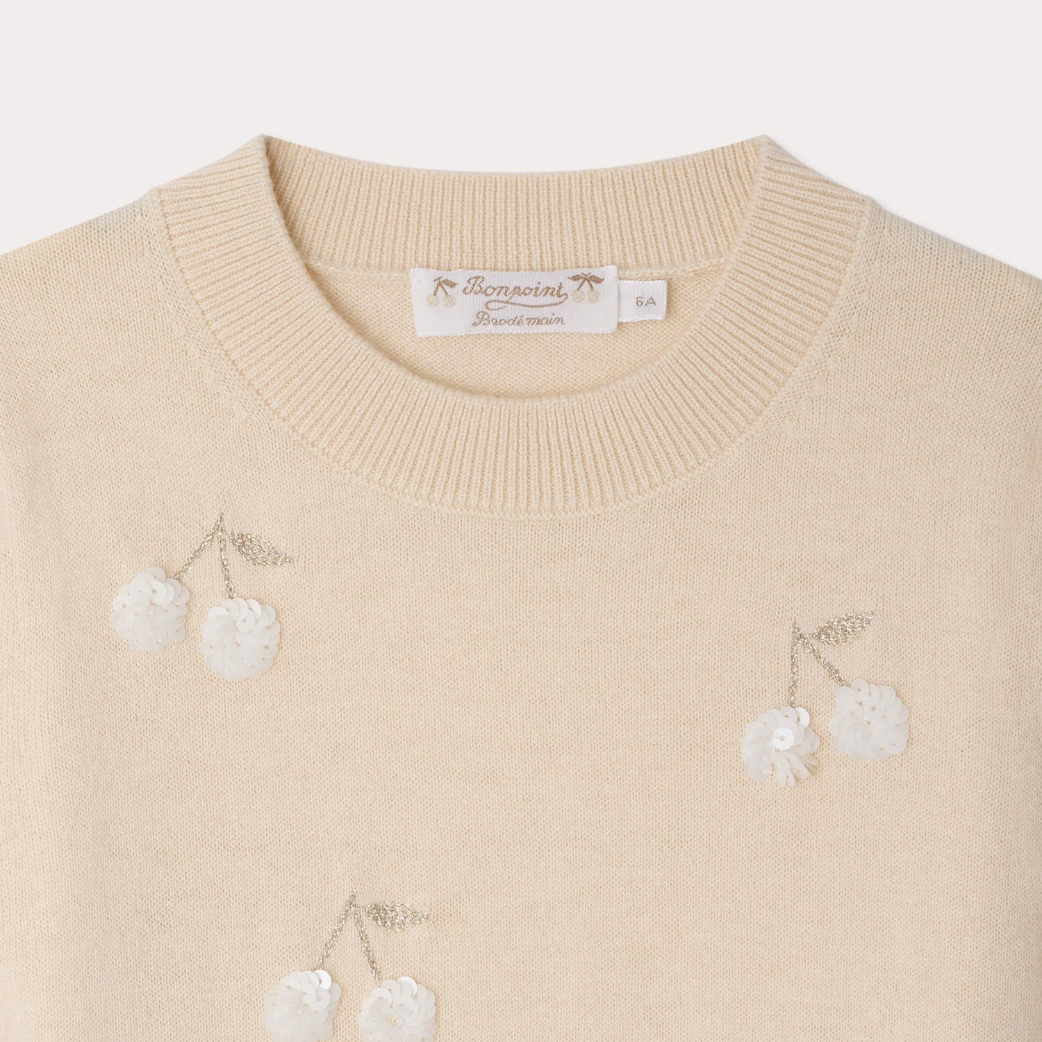 Girls Beige Cherry Embroidered Wool Sweater