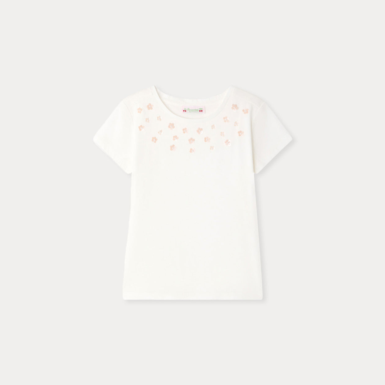 Girls White Sequins Cotton T-Shirt