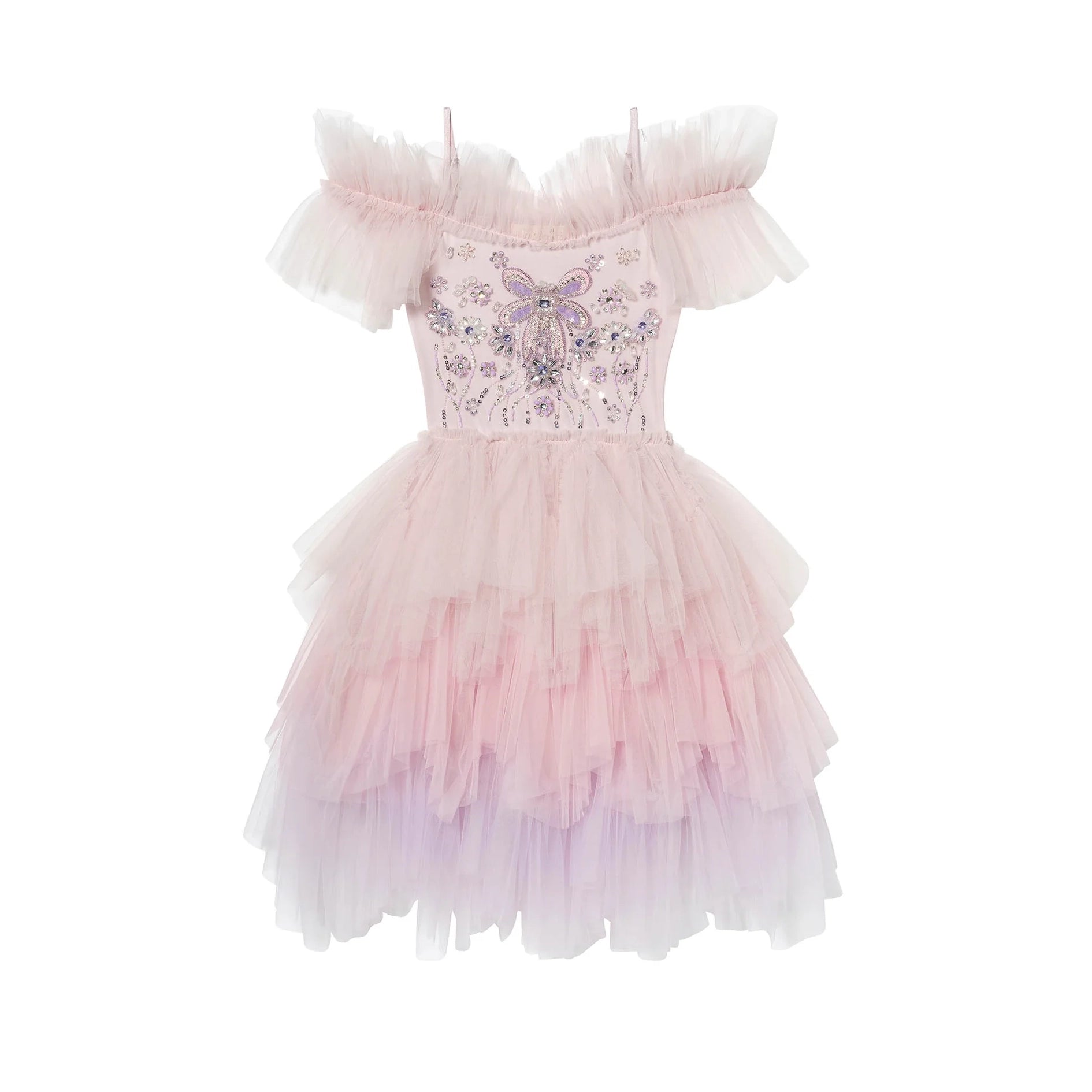 Girls Pink & Light Purple Gems Bow Tutu Dress