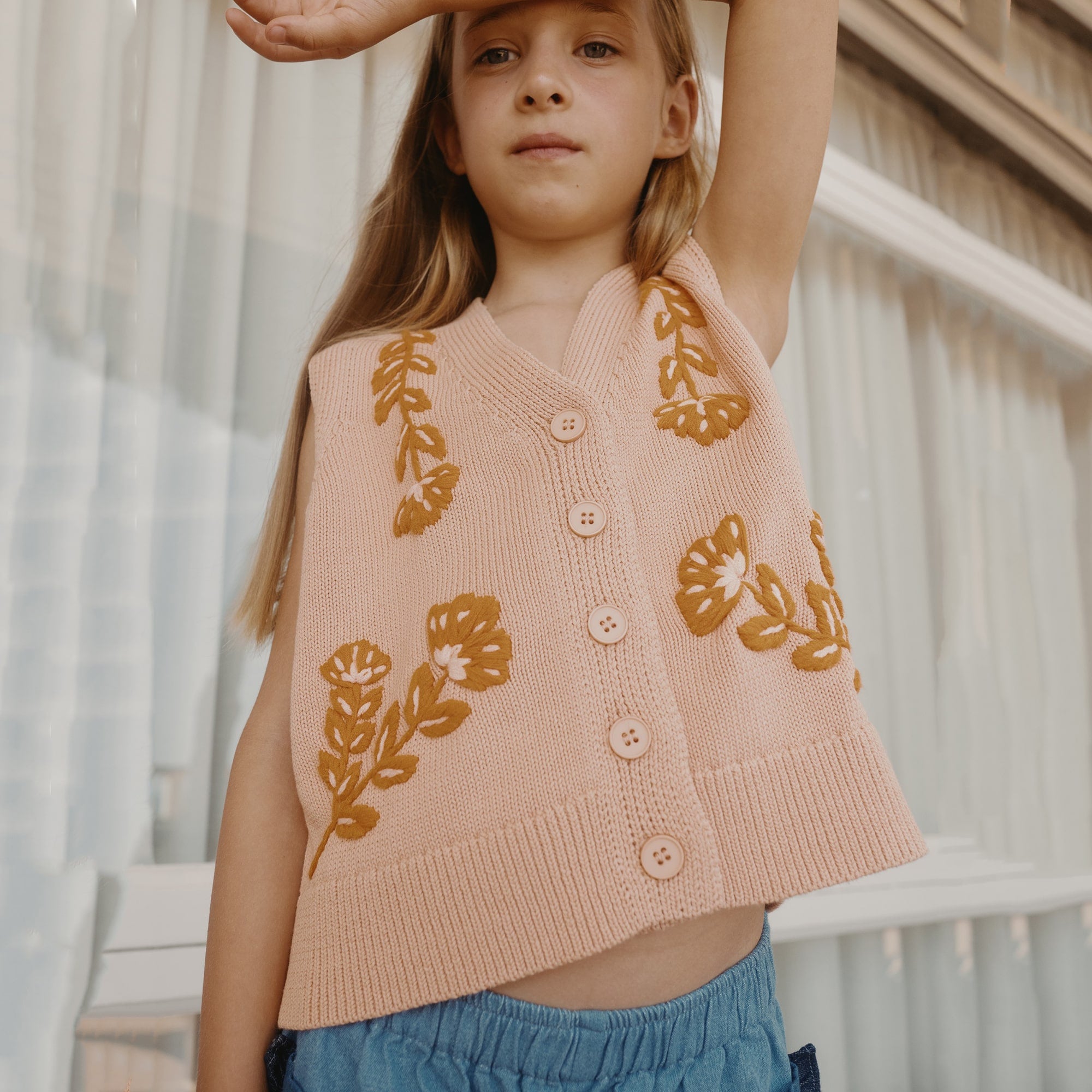 Girls Apricot Embroidered Cotton Gilet