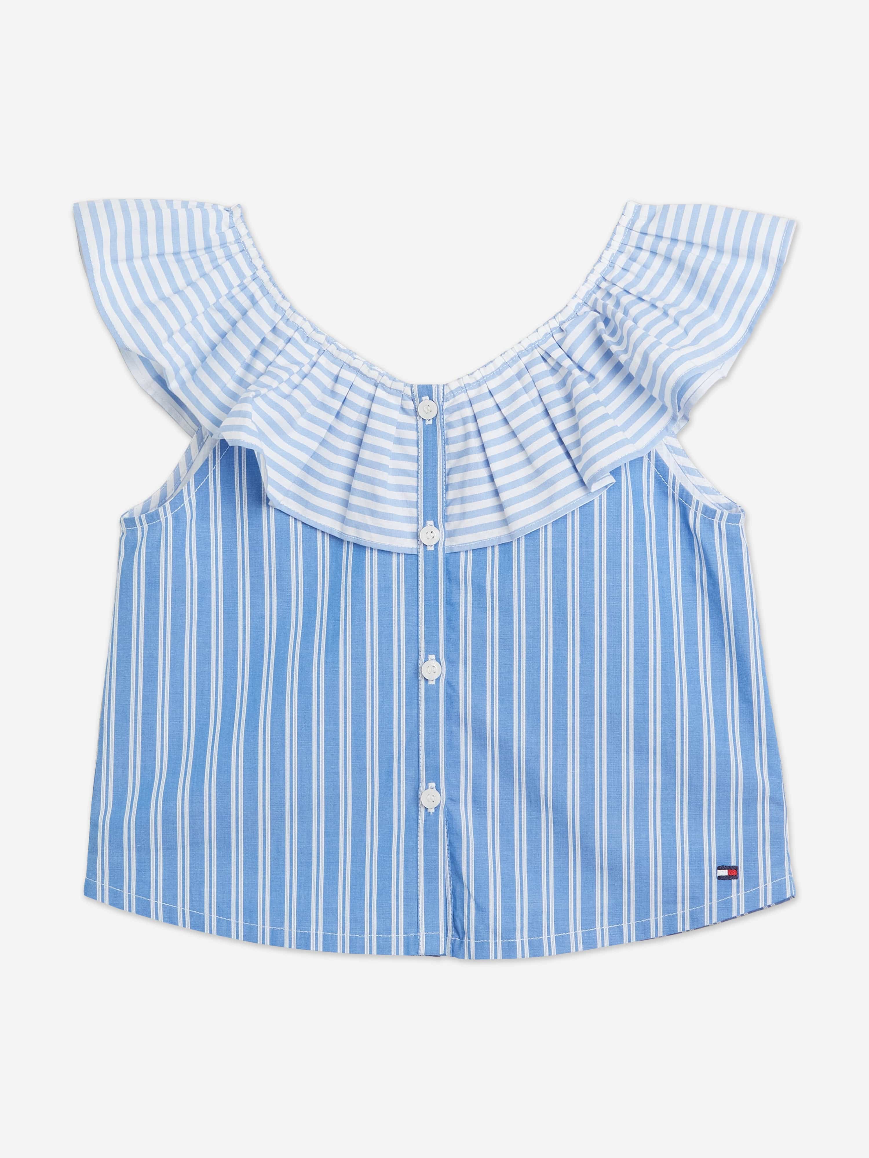 Tommy Hilfiger Girls Mixed Stripe Frill Blouse in Blue