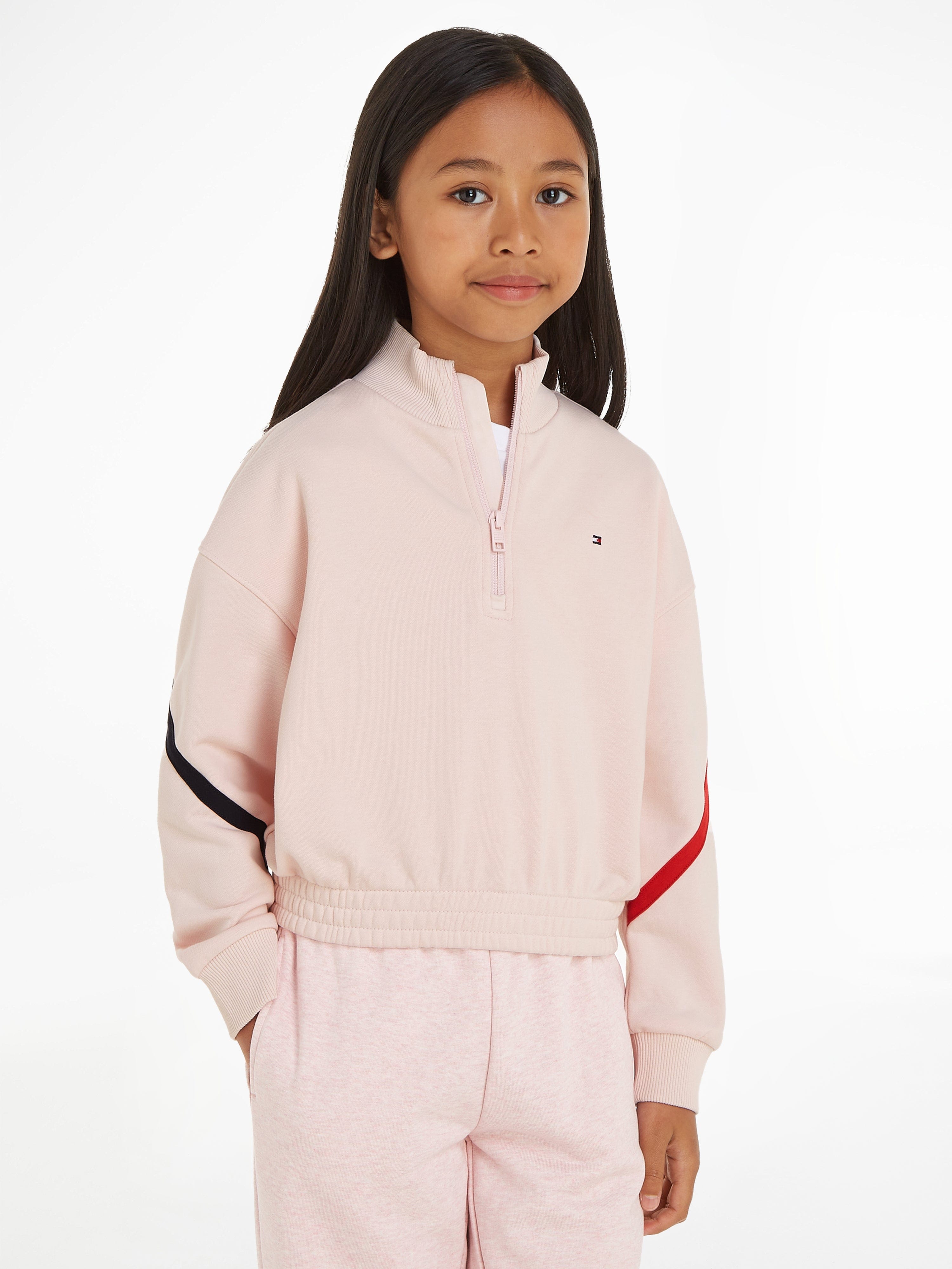 Tommy Hilfiger Girls Global Stripe Half Zip Sweater in Pink