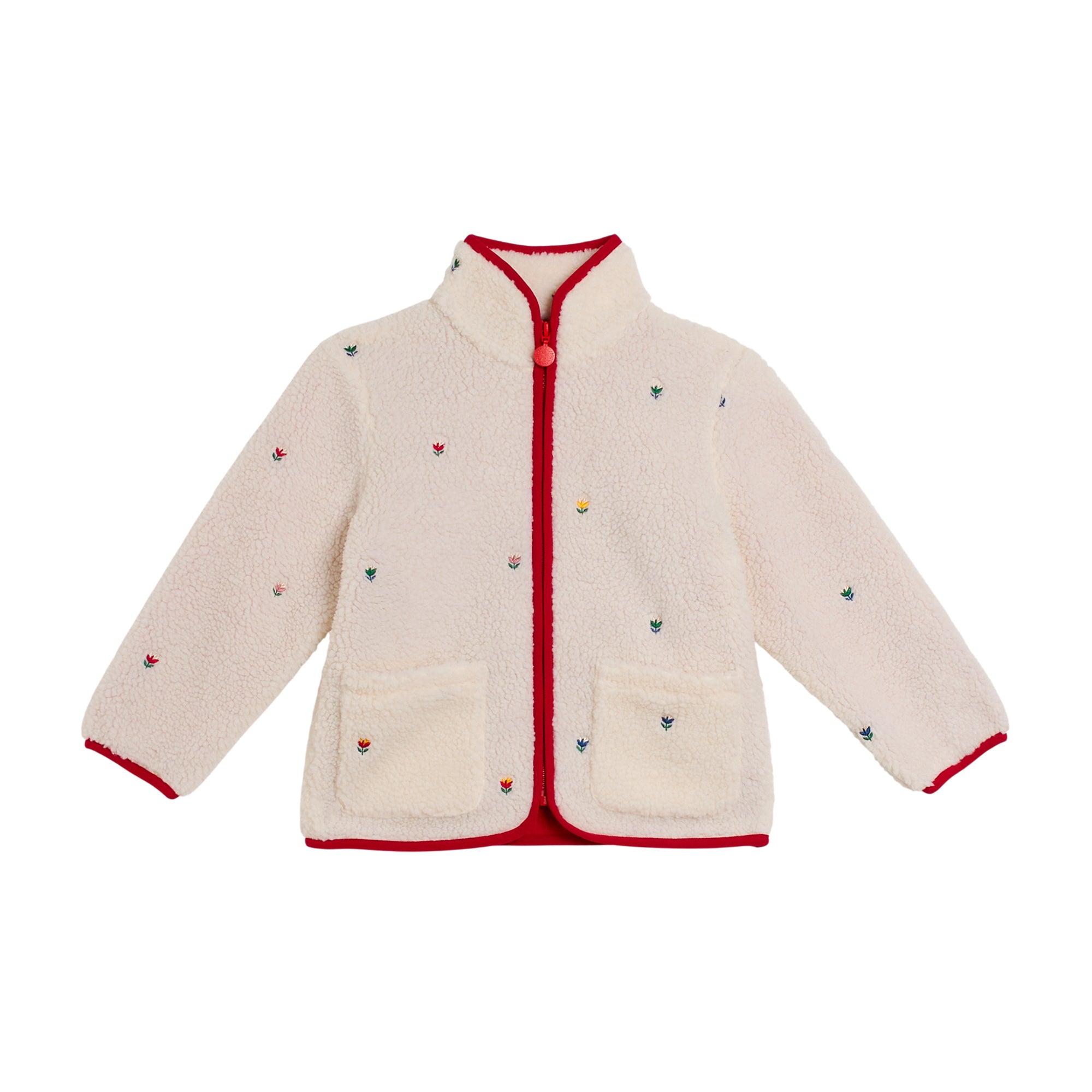 Girls White Embroidered Sherpa Fleece Jacket