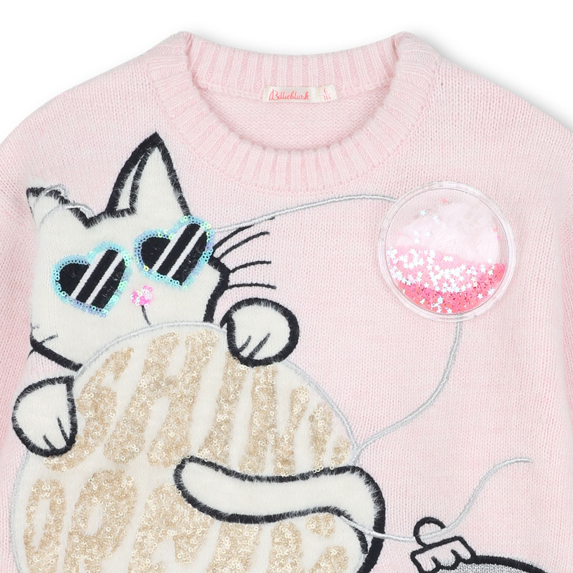 Girls Light Pink Embroidered Cat Knit Sweater