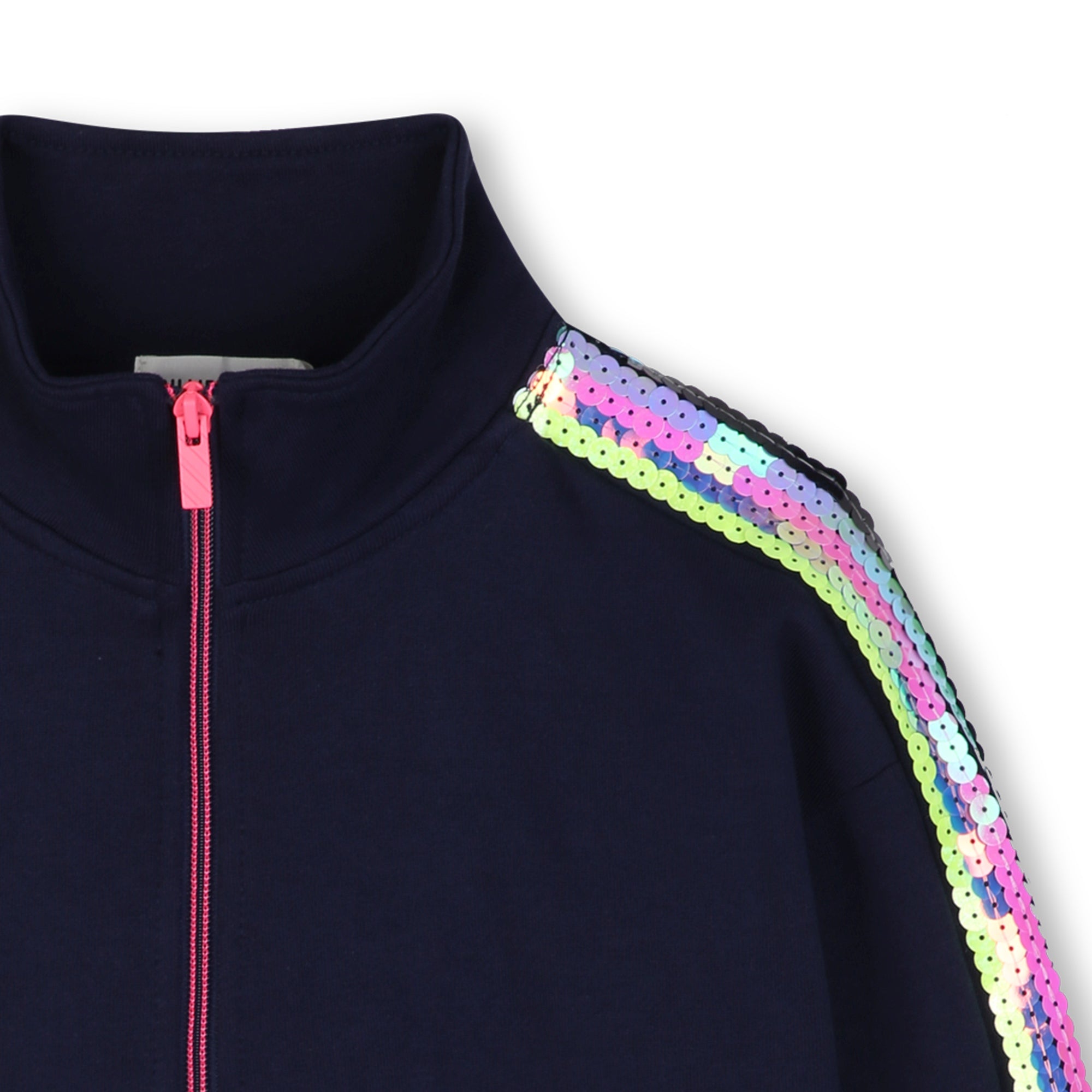 Girls Dark Blue Sequins Cotton Zip-Up Top