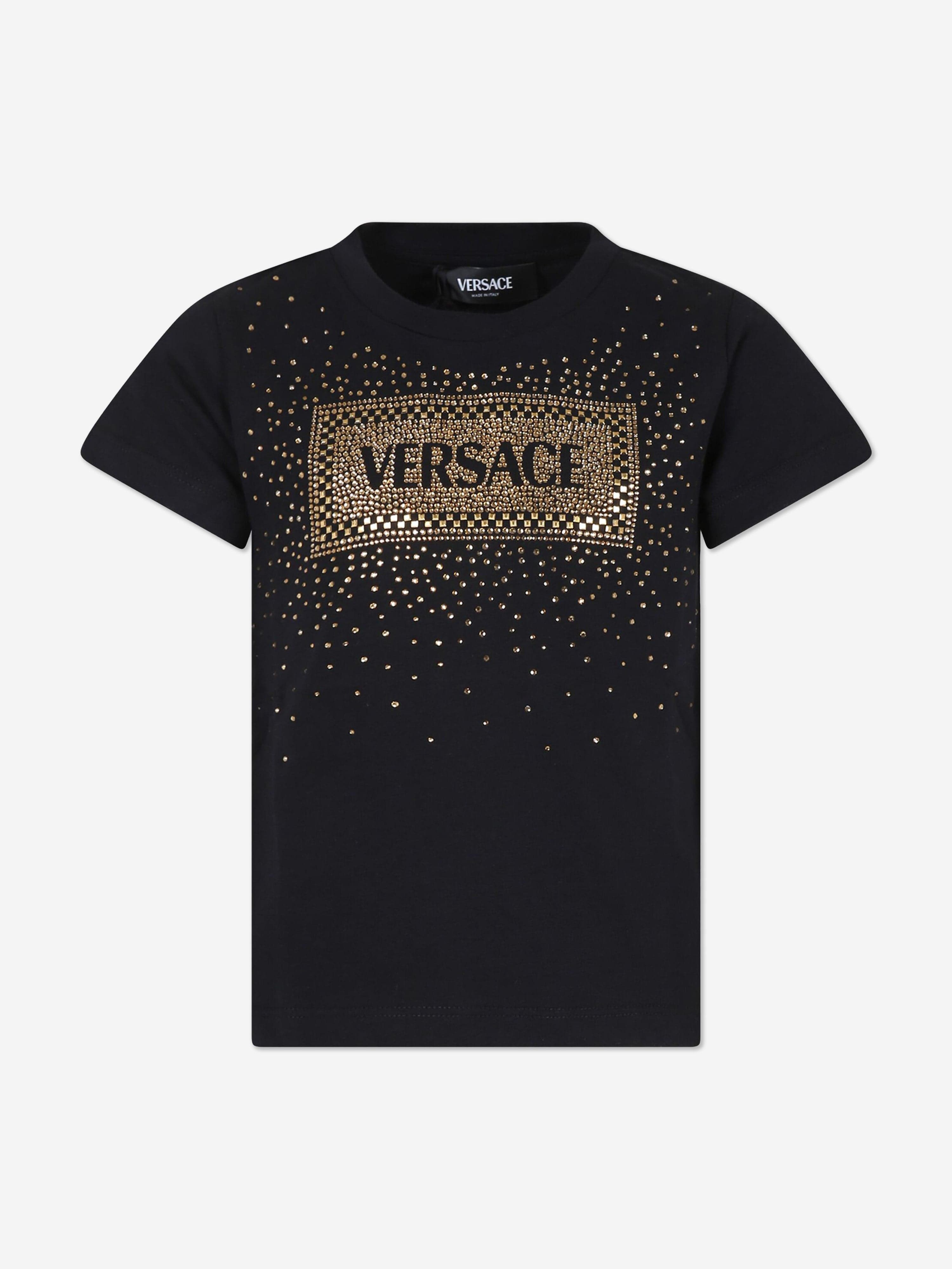 Versace Girls Diamante Logo T-Shirt in Black