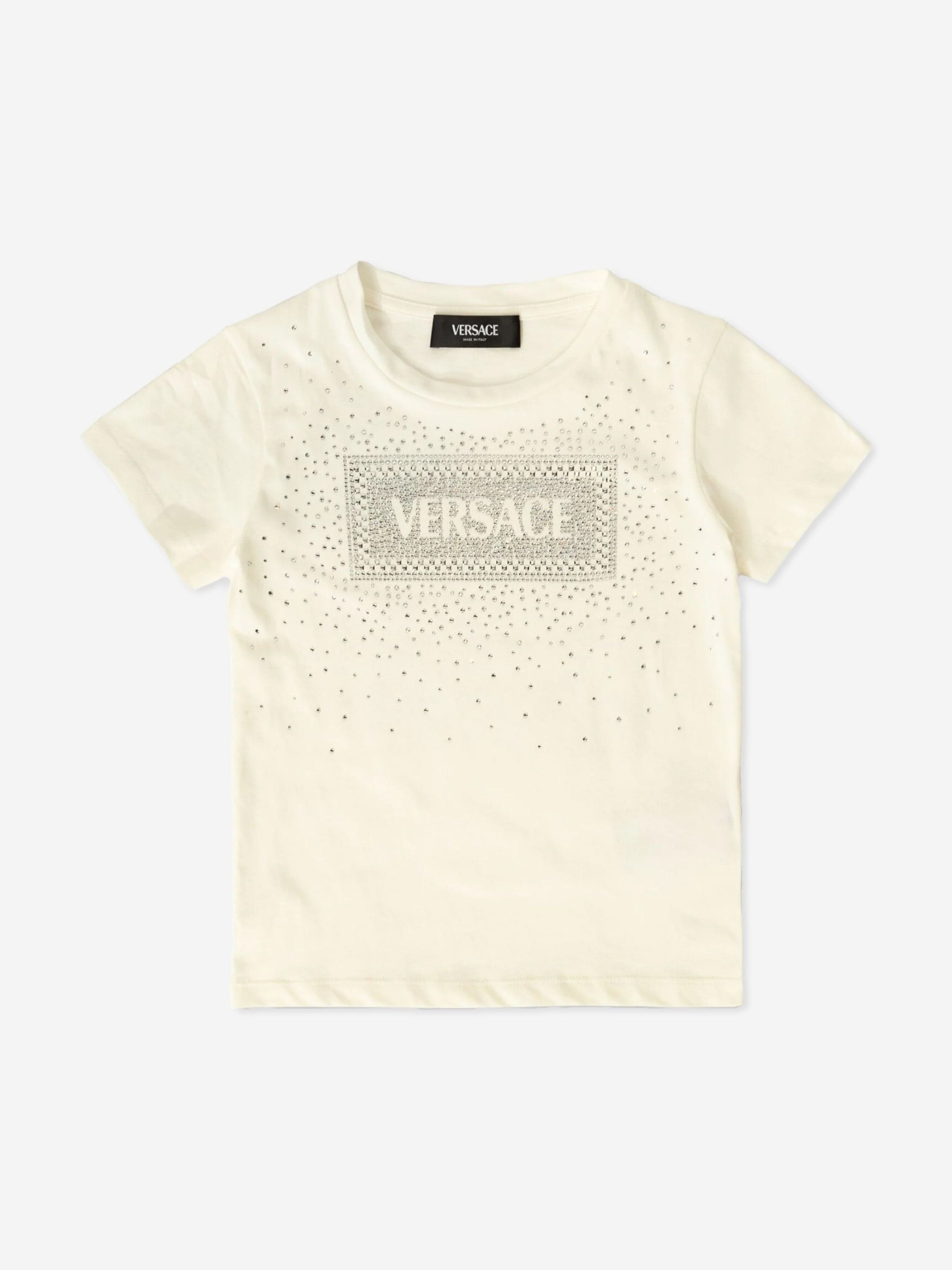 Versace Girls Diamante Logo T-Shirt in White