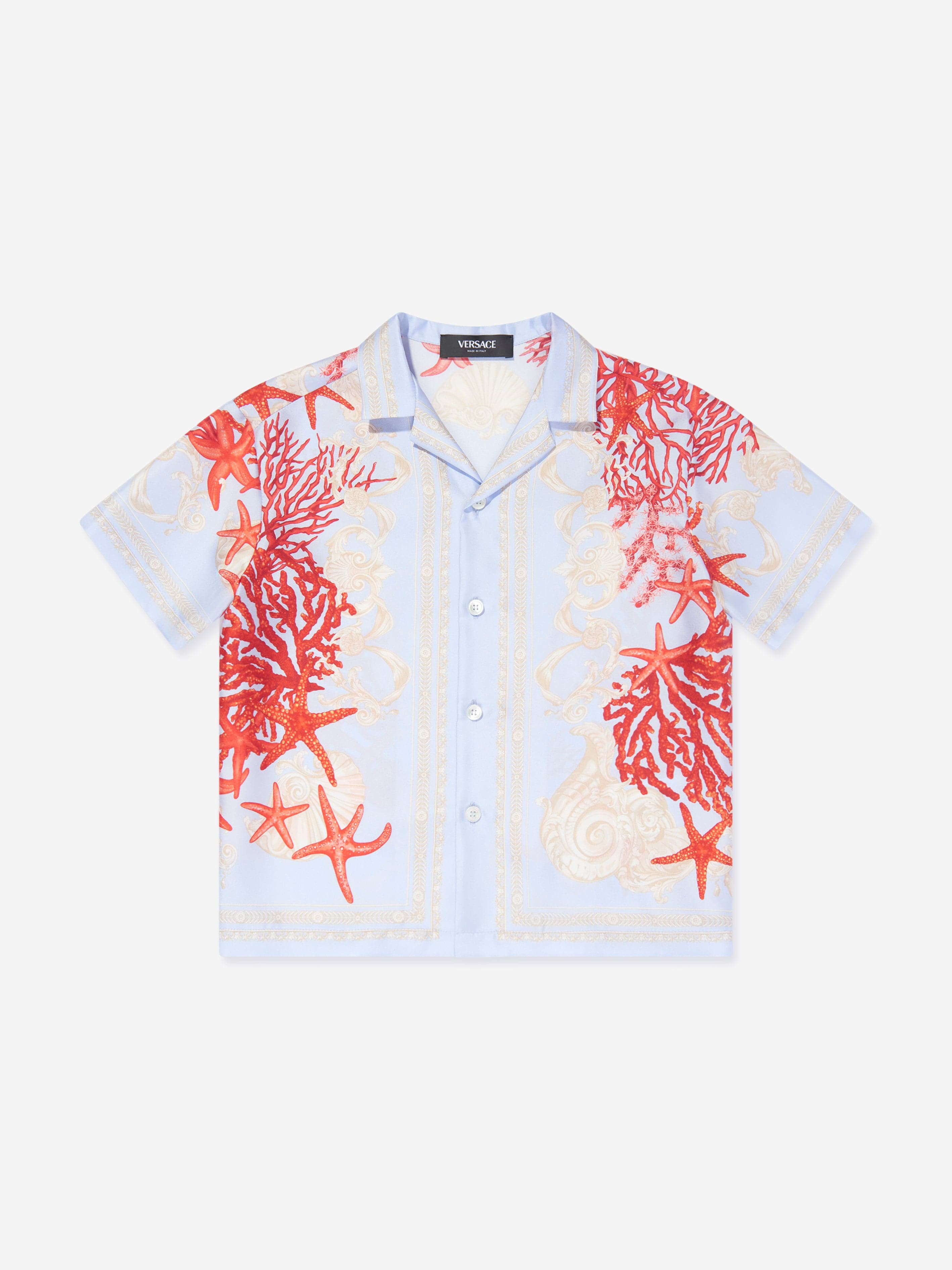 Versace Boys Silk Barocco De La Mer Shirt in Blue