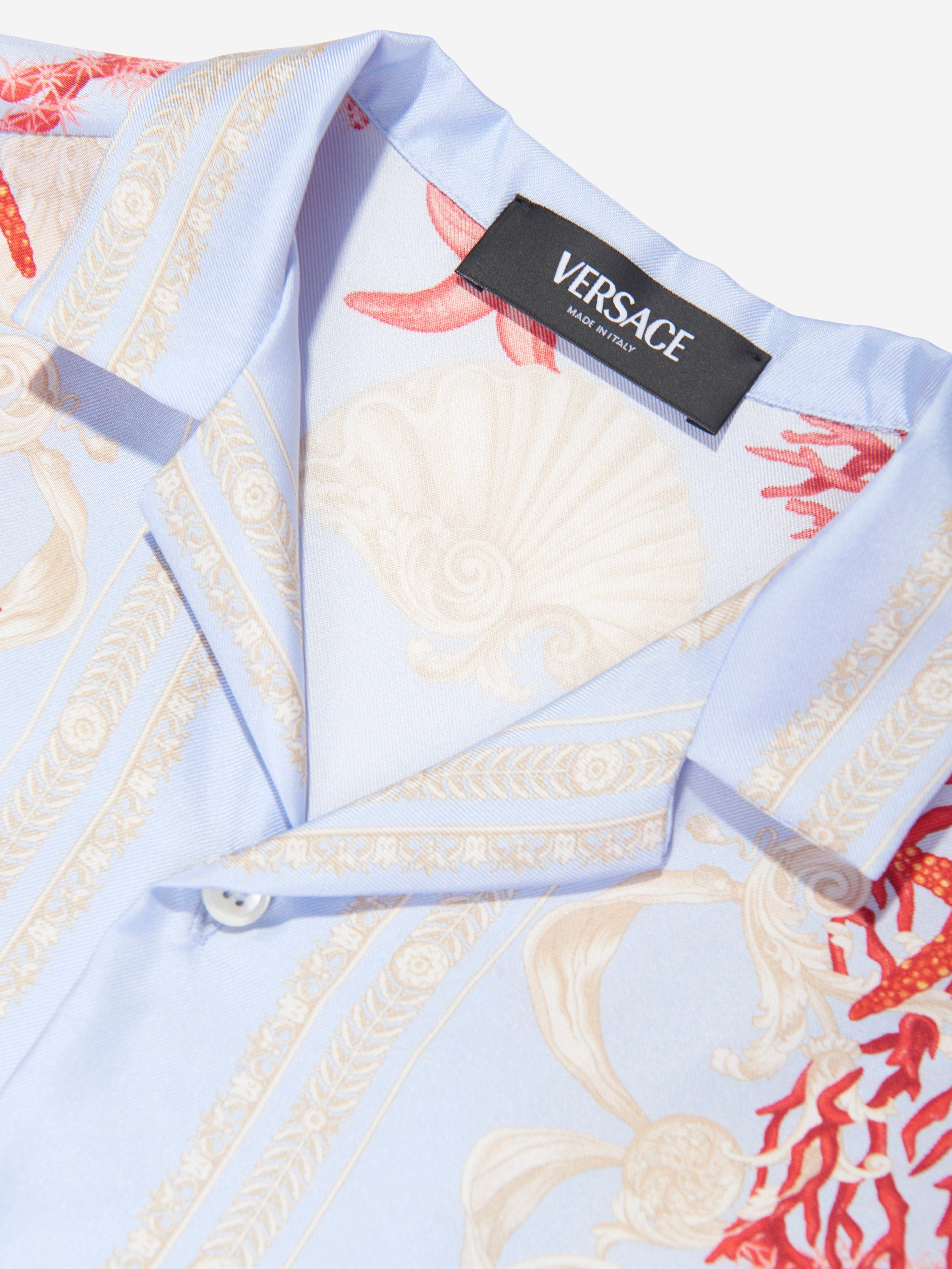 Versace Boys Silk Barocco De La Mer Shirt in Blue