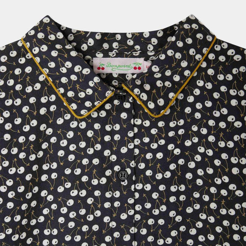 Girls Dark Blue Cherry Printed Cotton Shirt
