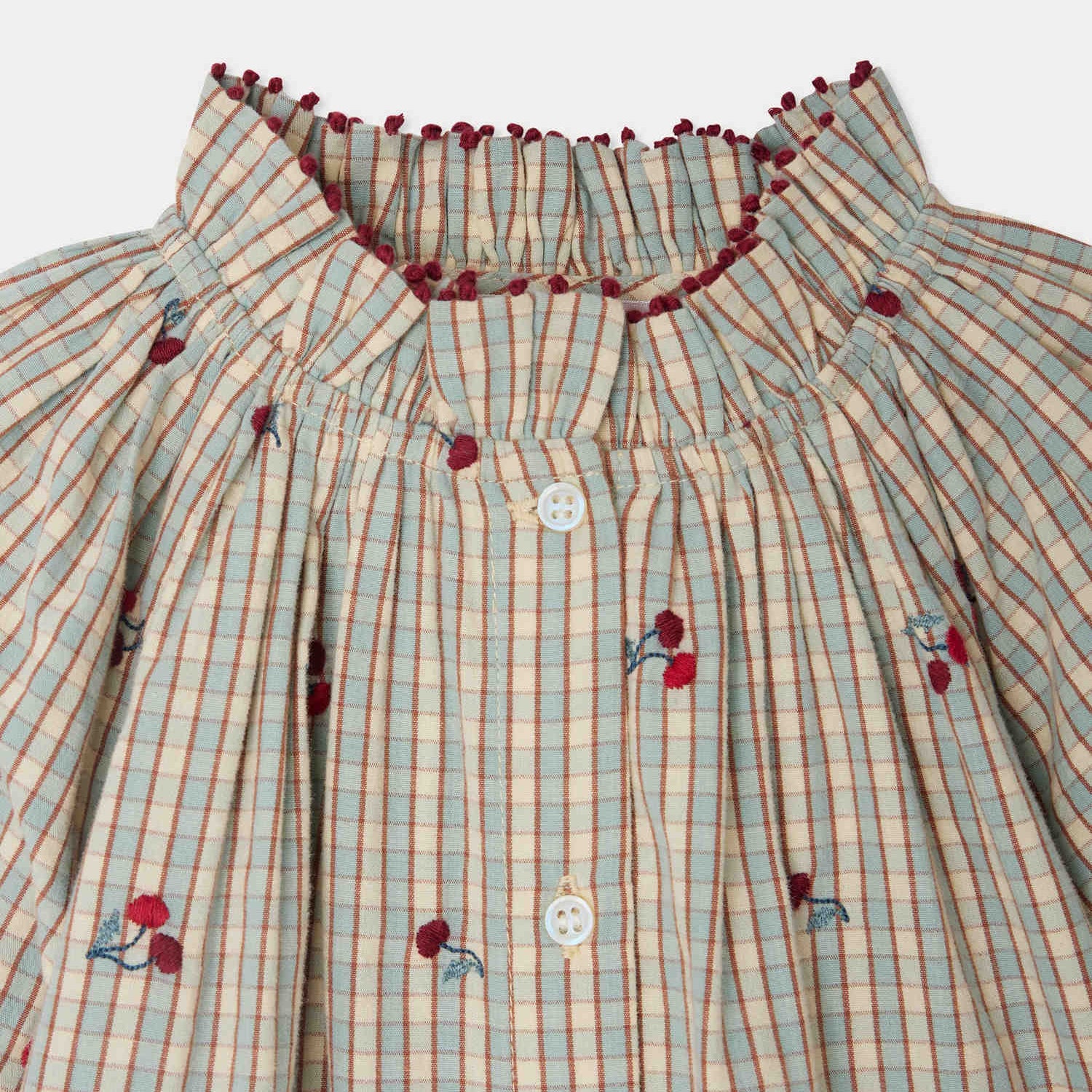 Girls Beige Check Embroidered Cherry Cotton Shirt