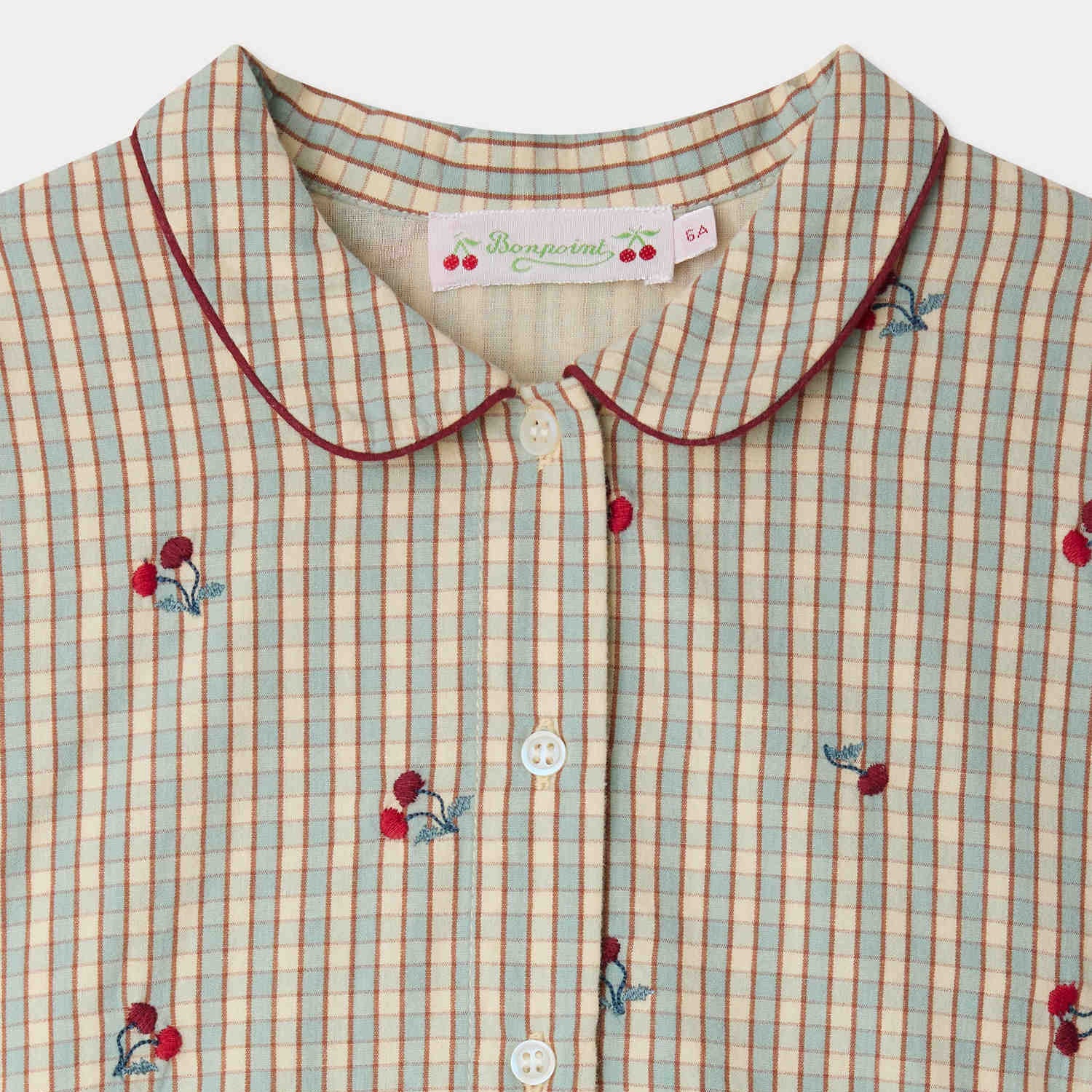 Girls Beige Check Embroidered Cherry Cotton Dress