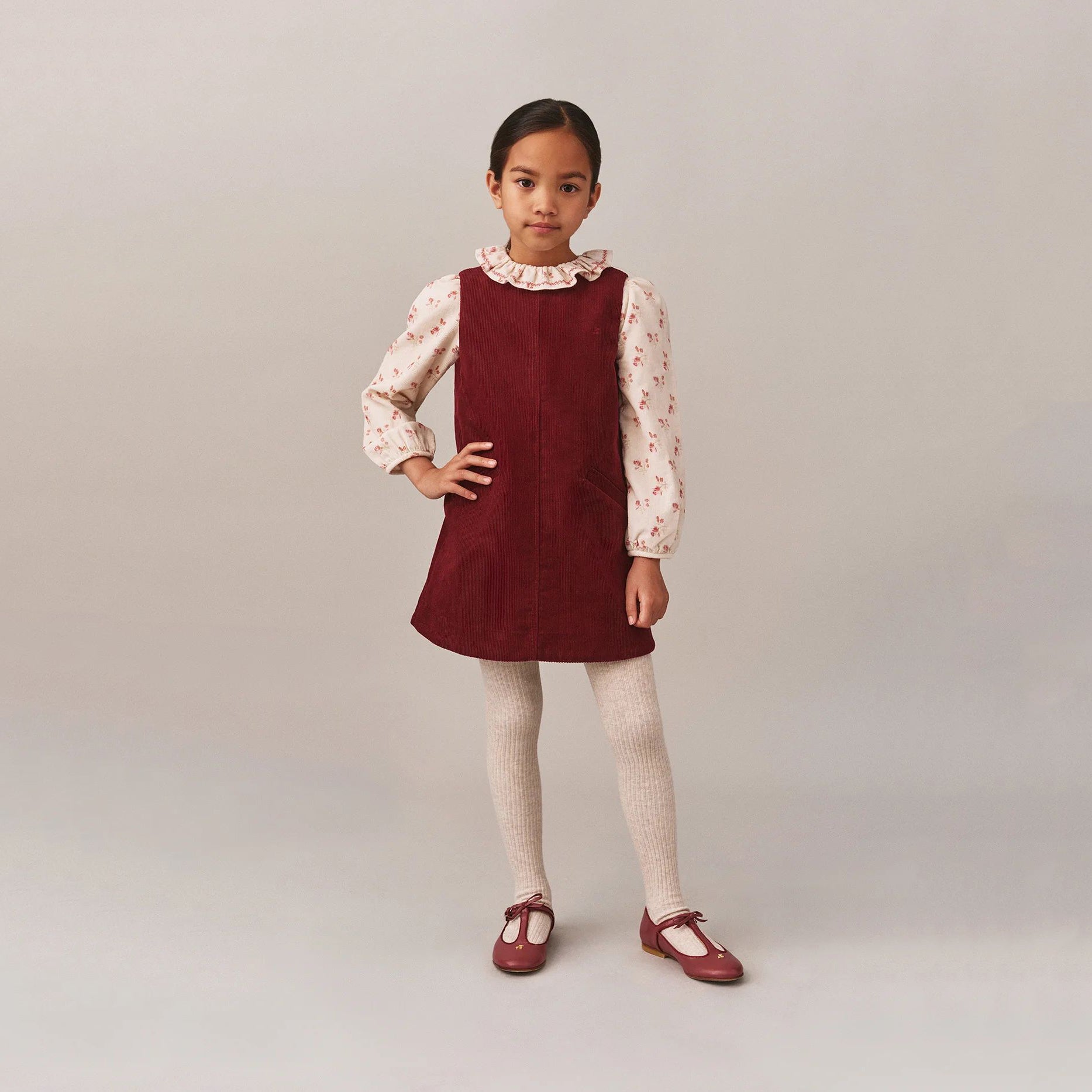 Girls Red Embroidered Cherry Corduroy Dress