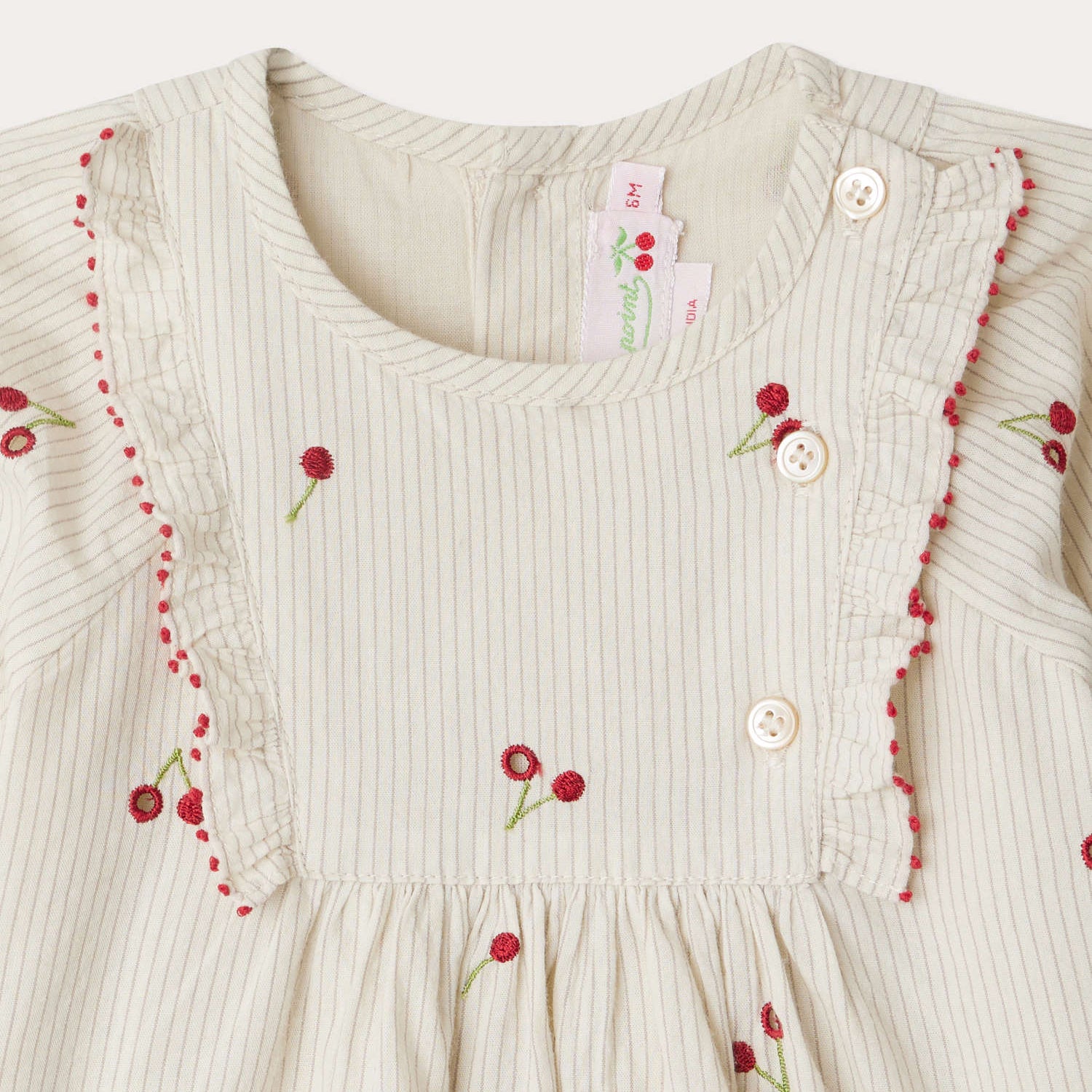 Baby Girls Beige Cherry Embroidered Cotton Dress
