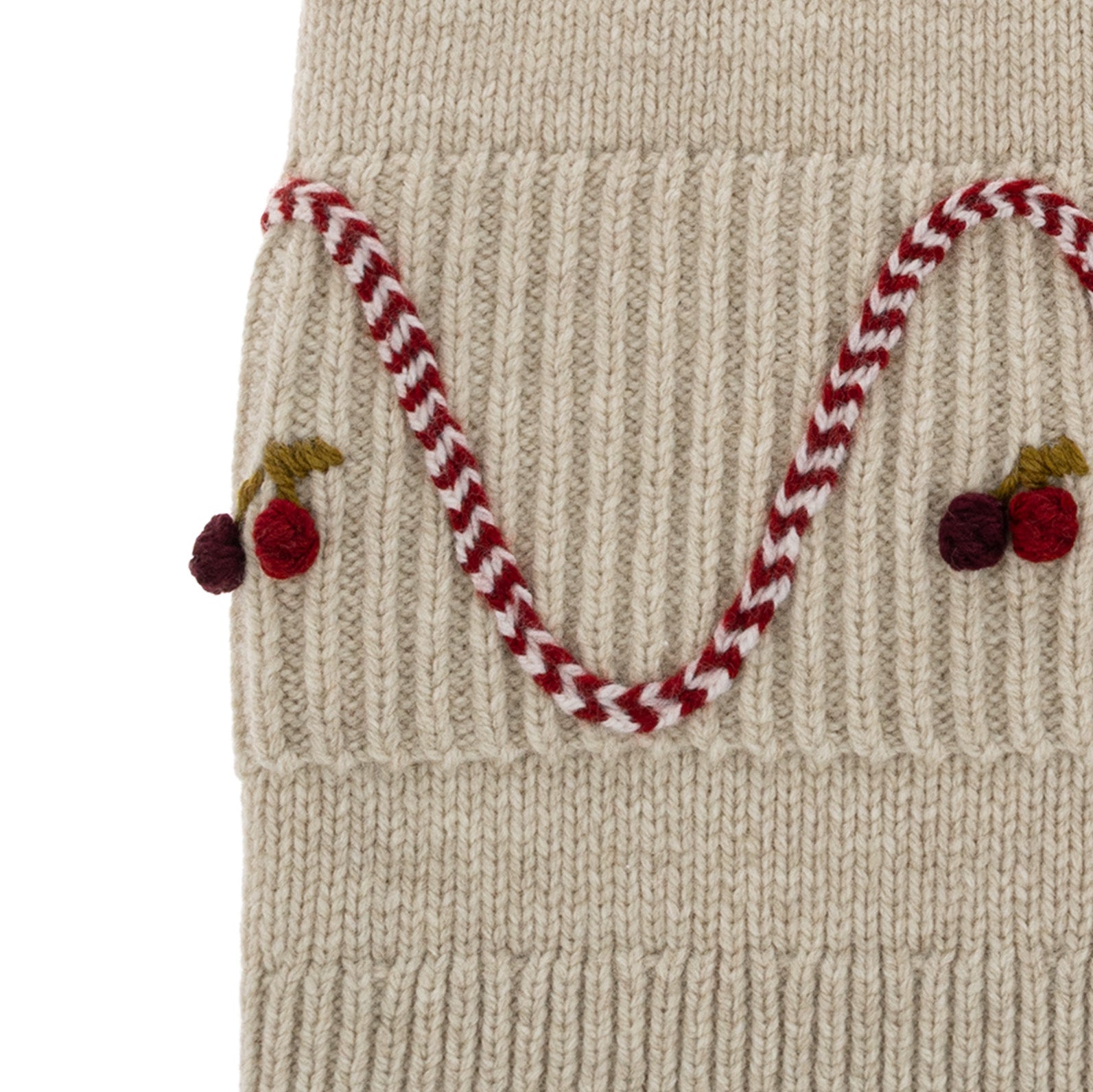 Girls Beige Cherry Embroidered Wool Scarf