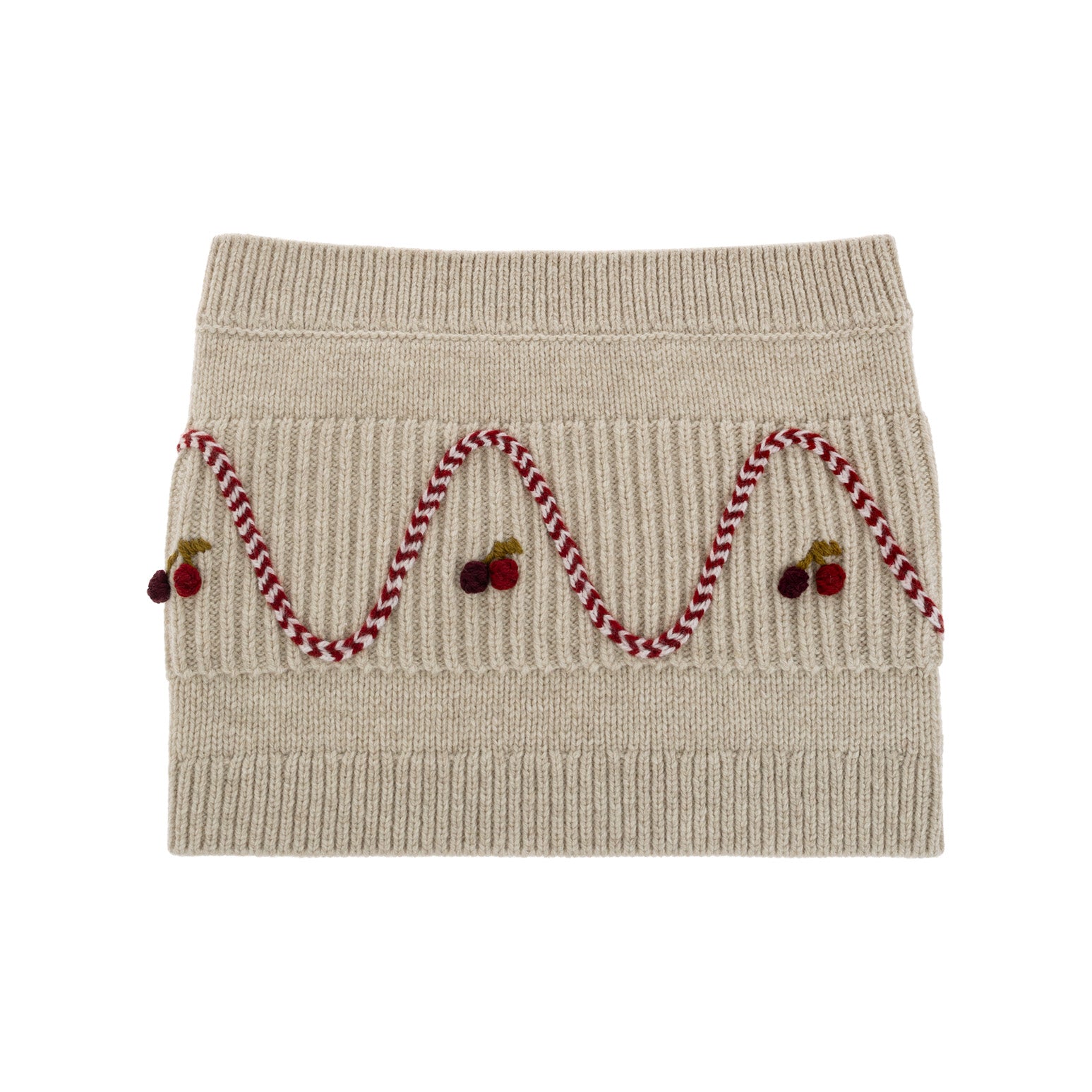 Girls Beige Cherry Embroidered Wool Scarf