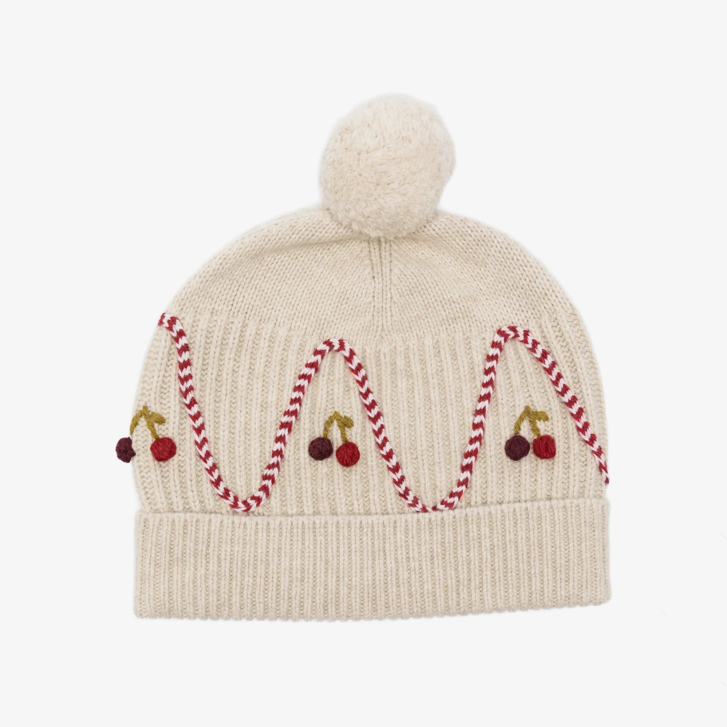 Girls Beige Cherry Embroidered Wool Hat