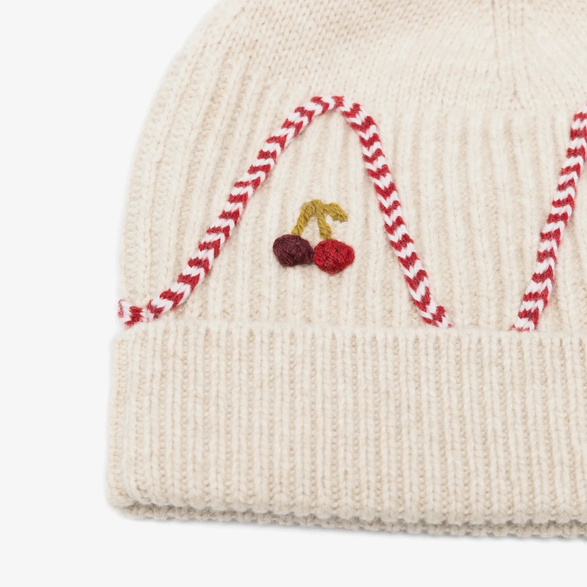 Girls Beige Cherry Embroidered Wool Hat