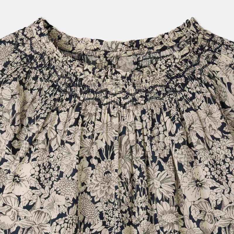 Girls Navy Flower Cotton Blouse
