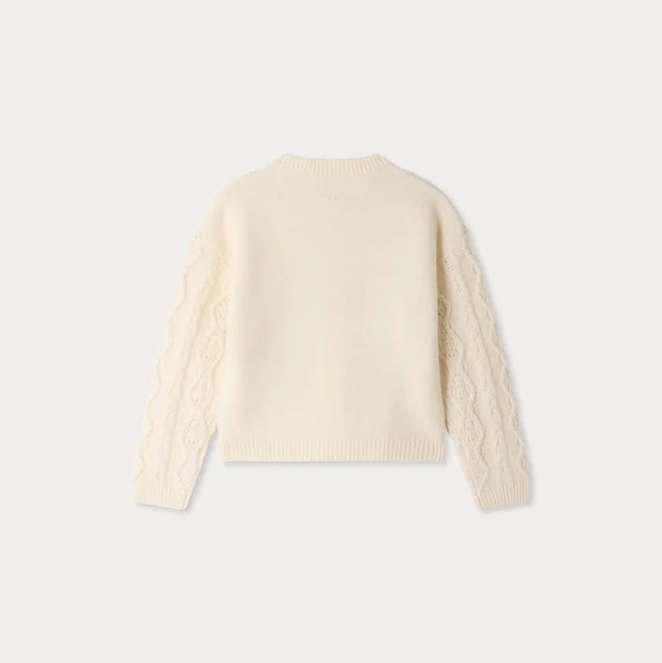 Girls White Cable-Knit Wool Cardigan