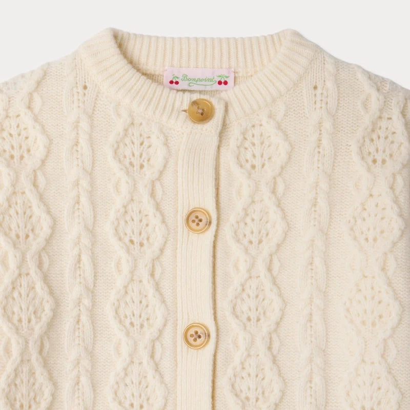 Girls White Cable-Knit Wool Cardigan