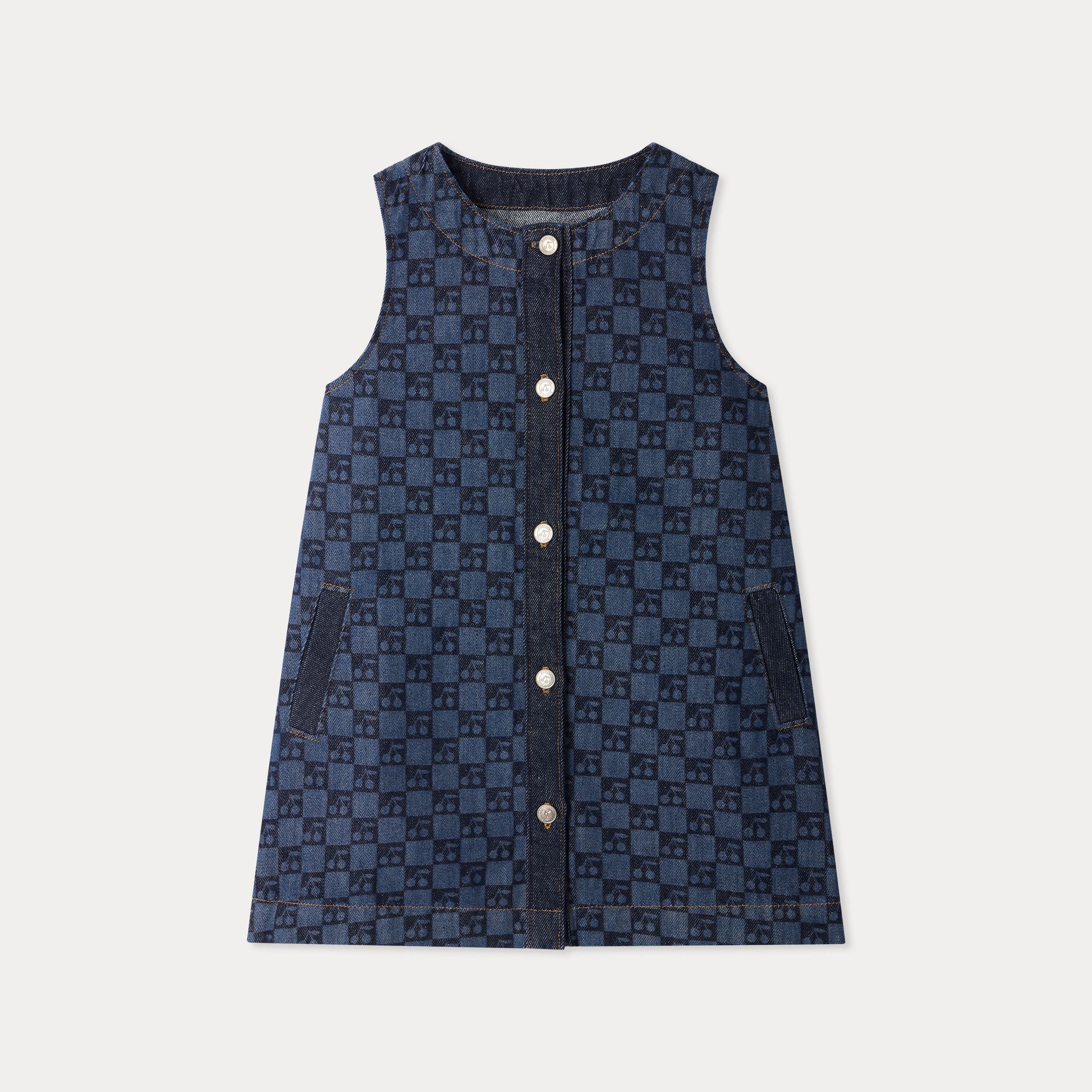 Girls Dark Blue Check Denim Dress