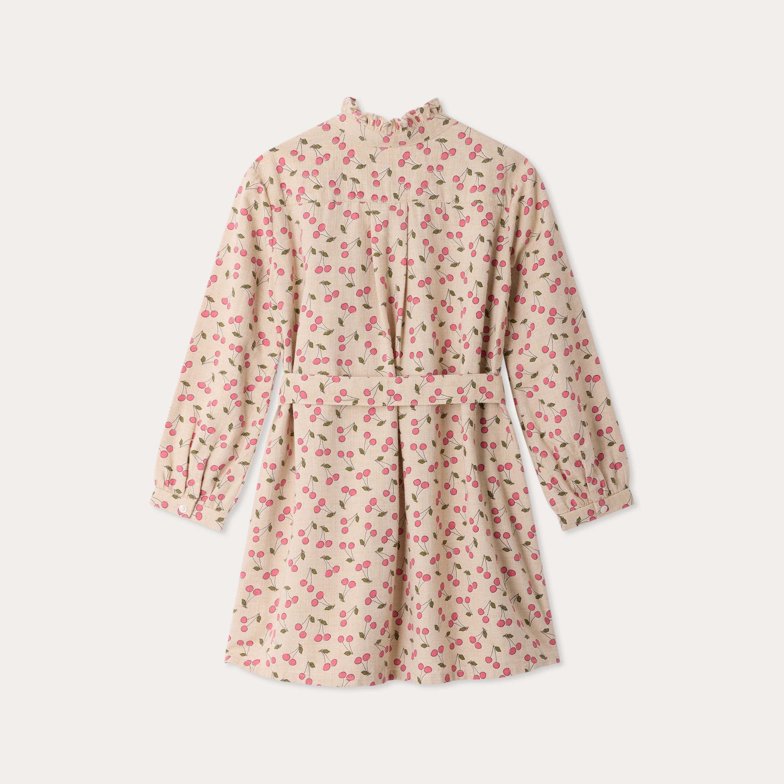 Girls Beige Cherry Printed Cotton Dress