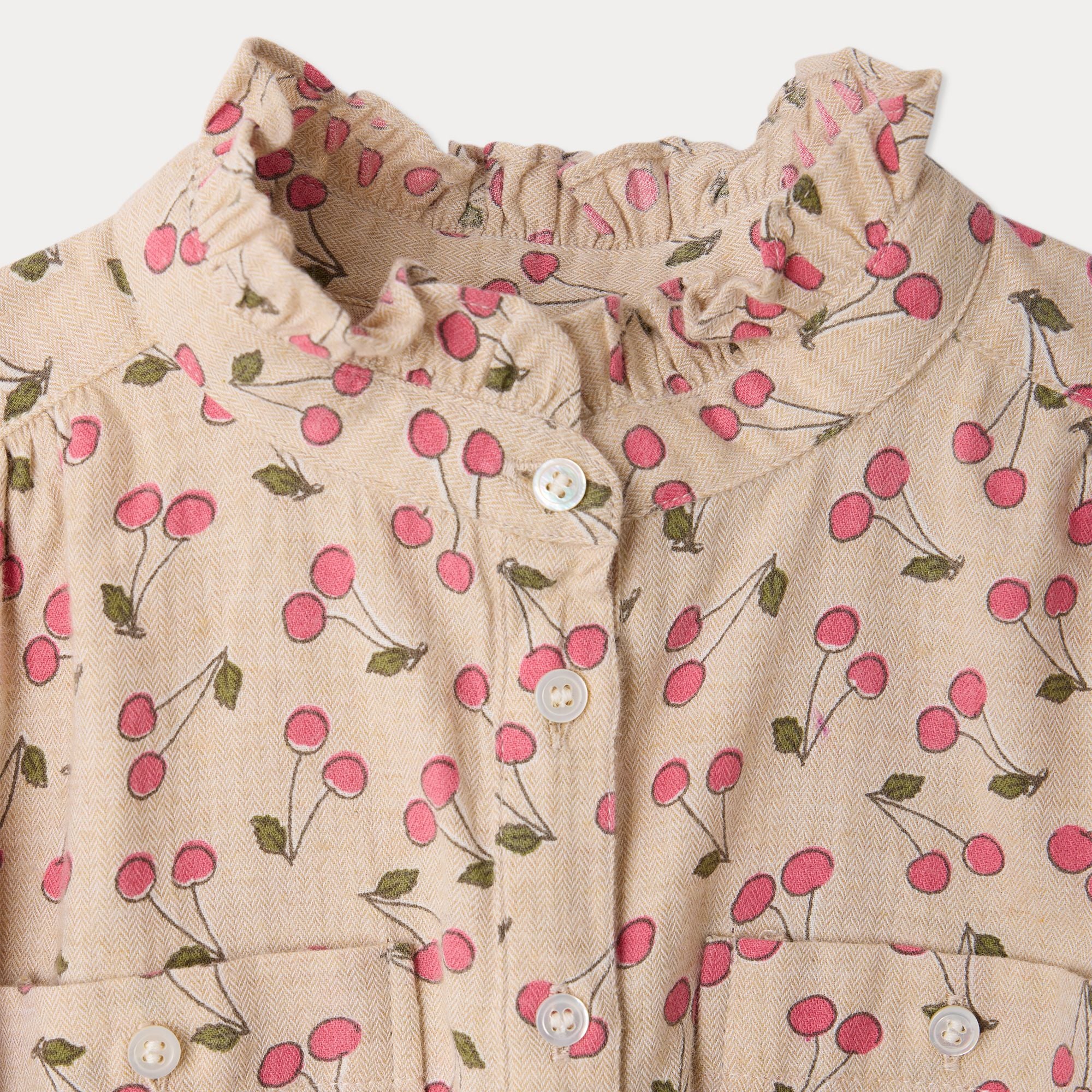 Girls Beige Cherry Printed Cotton Dress