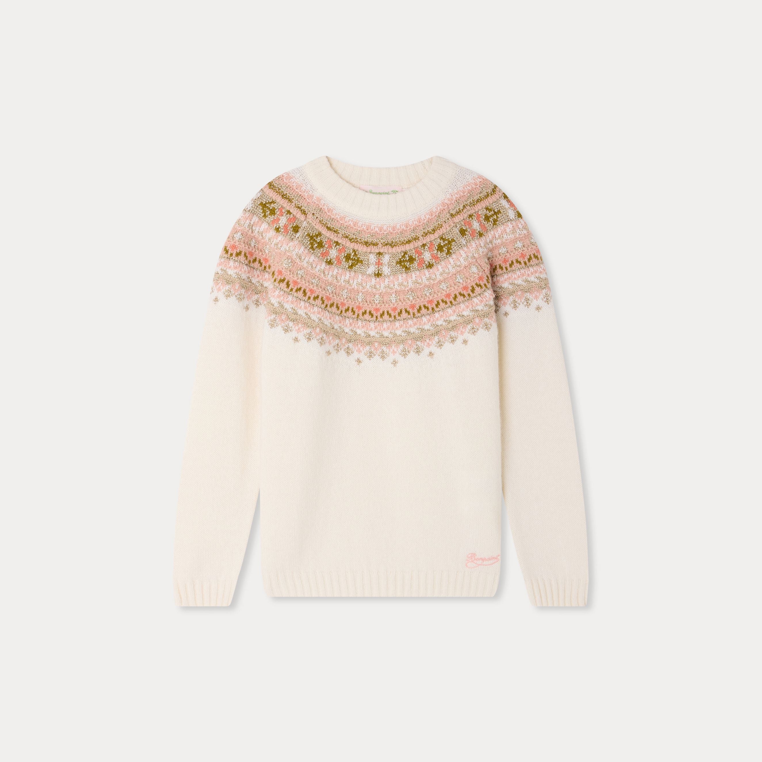 Girls White Jacquard Wool Sweater