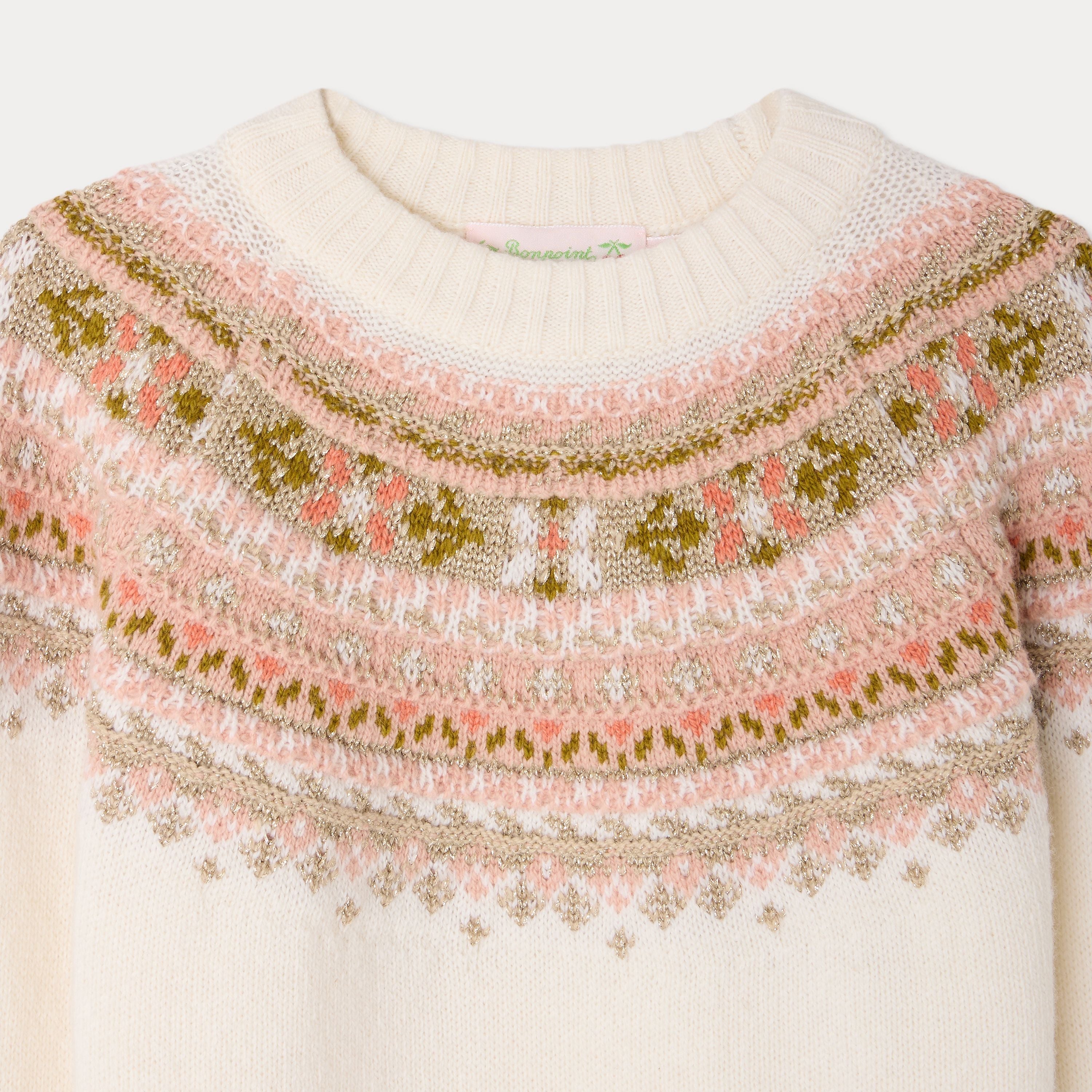 Girls White Jacquard Wool Sweater